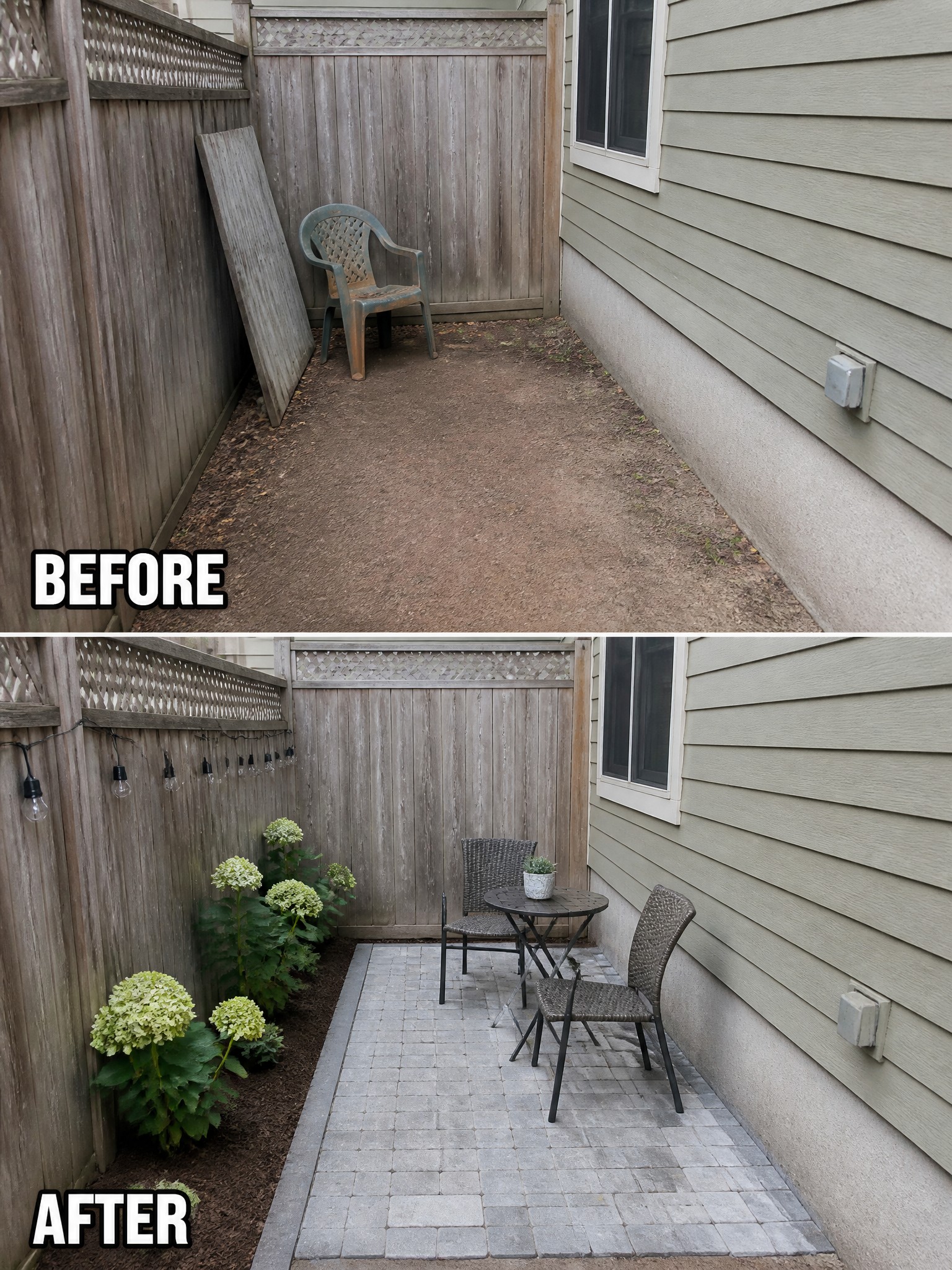 Before-and-after backyard: dirt ground transformed into paved patio with furniture and plants.