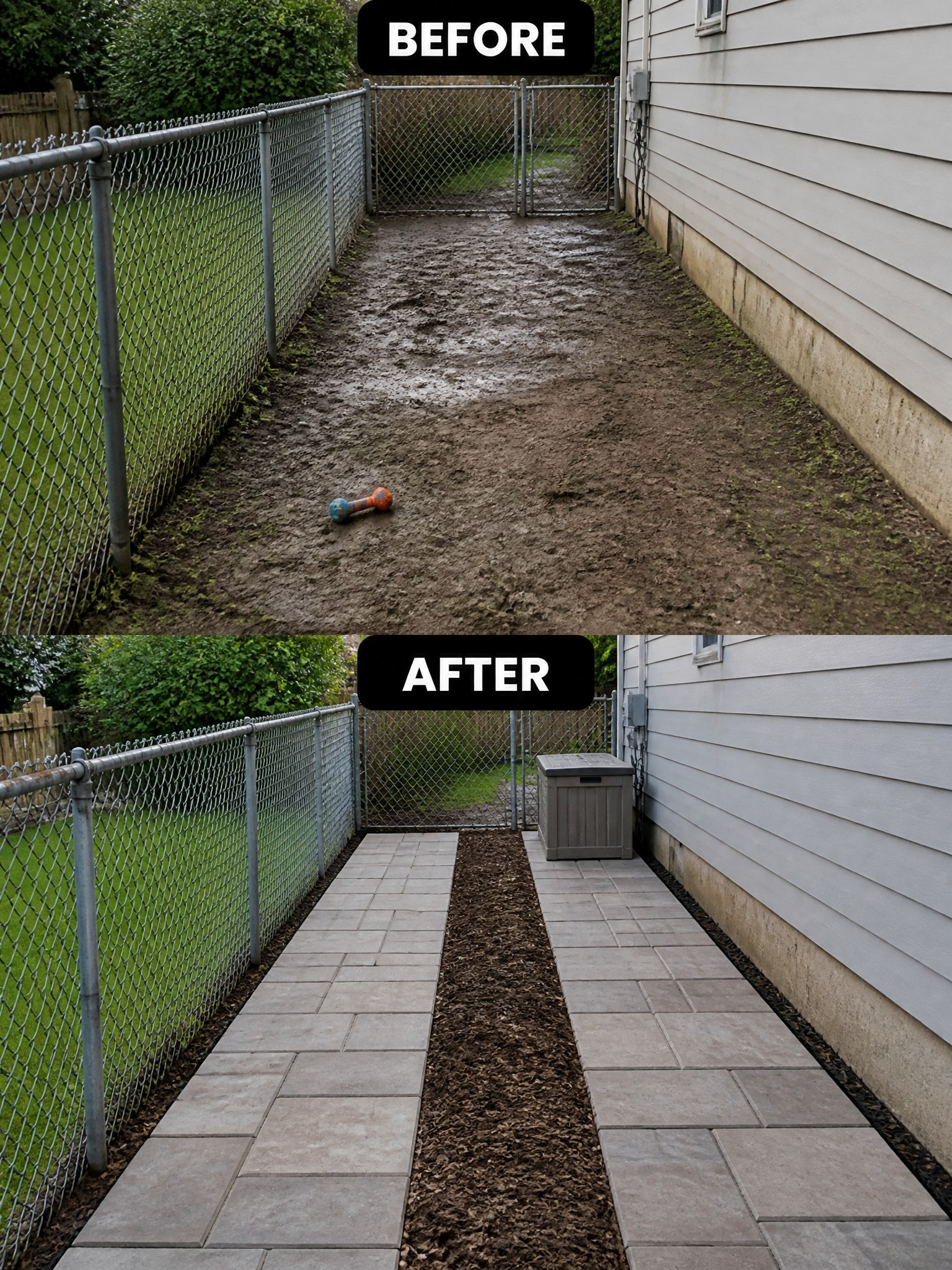 Before muddy path and after paved stone walkway with mulch beside house and fence.