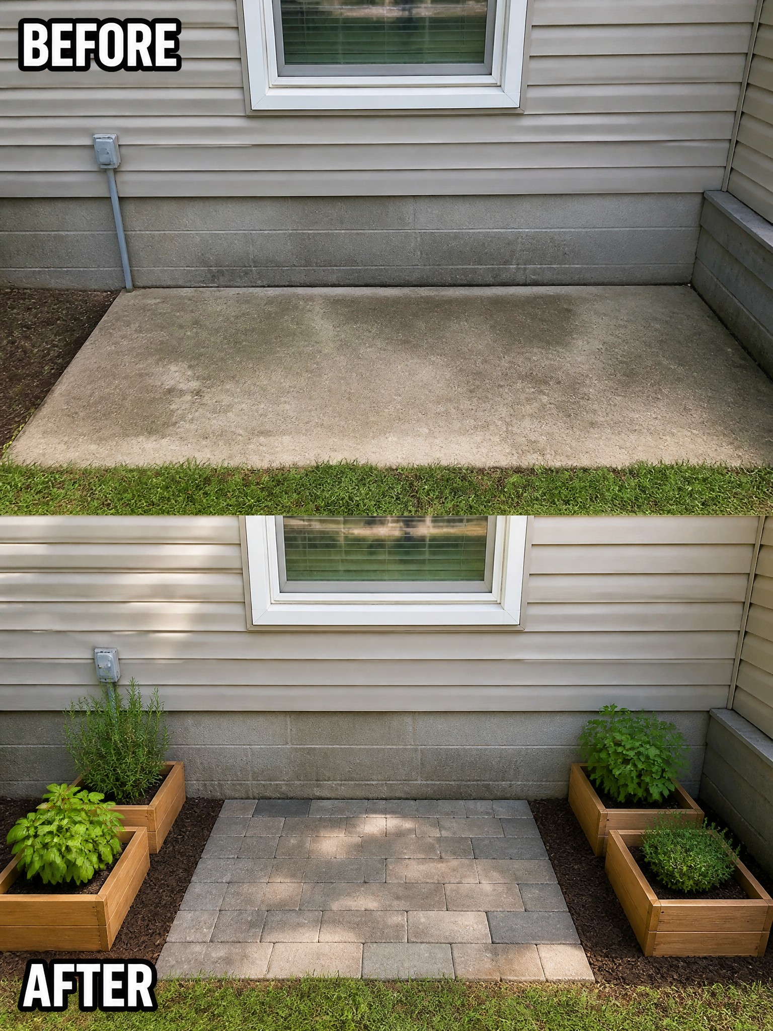 Before-and-after image of a bare concrete side yard changed into a paver area with wooden planters and mulch beds.