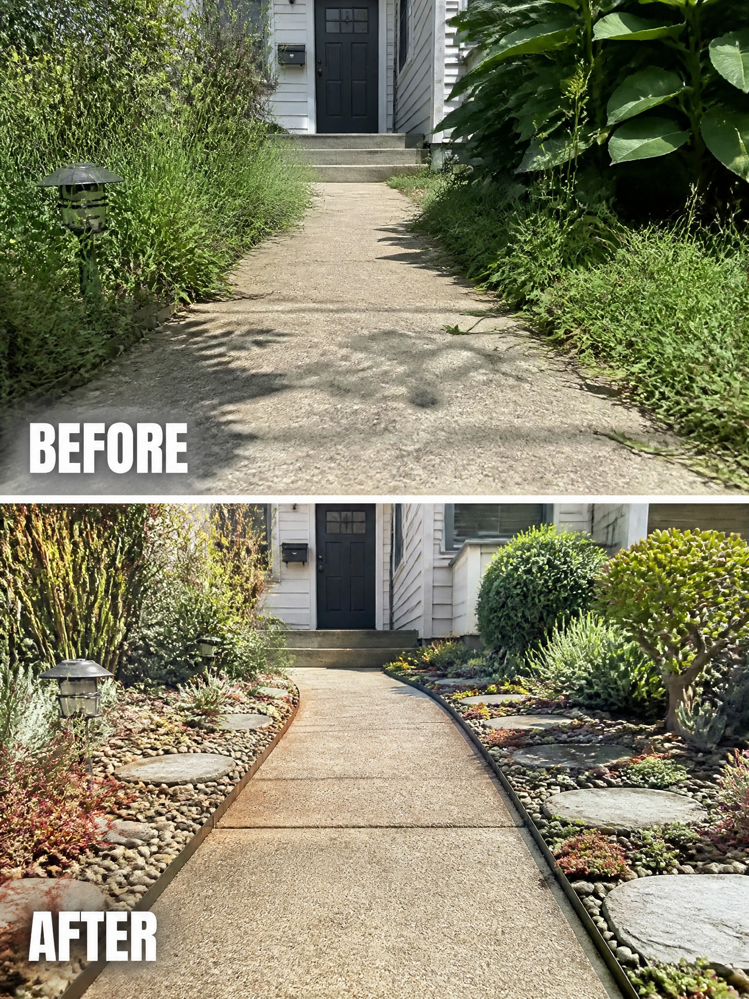 Before and after concrete walkway to house with added colorful garden beds and stones
