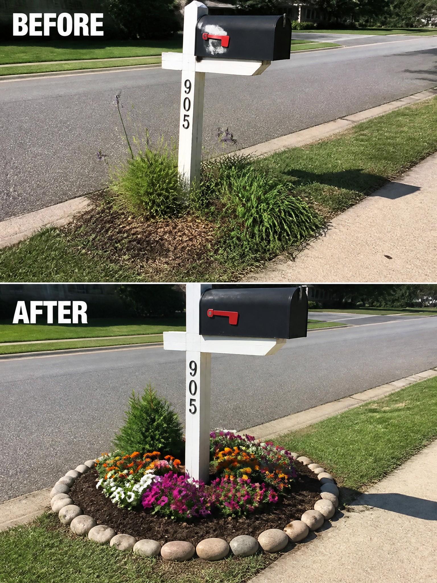 Before and after of mailbox post with stone-bordered colorful flower bed