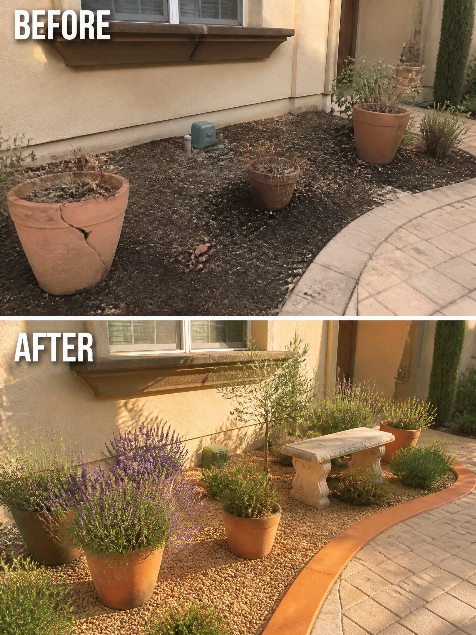 Before and after of neglected garden transformed with potted plants, bench, and gravel.