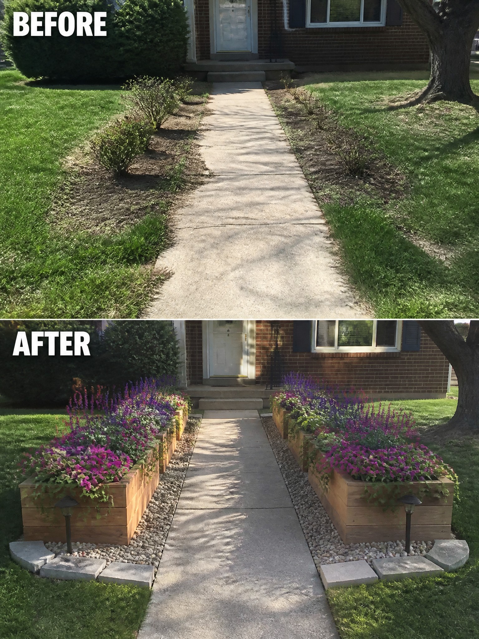 Before and after of a walkway lined with vibrant flower-filled wooden planters.
