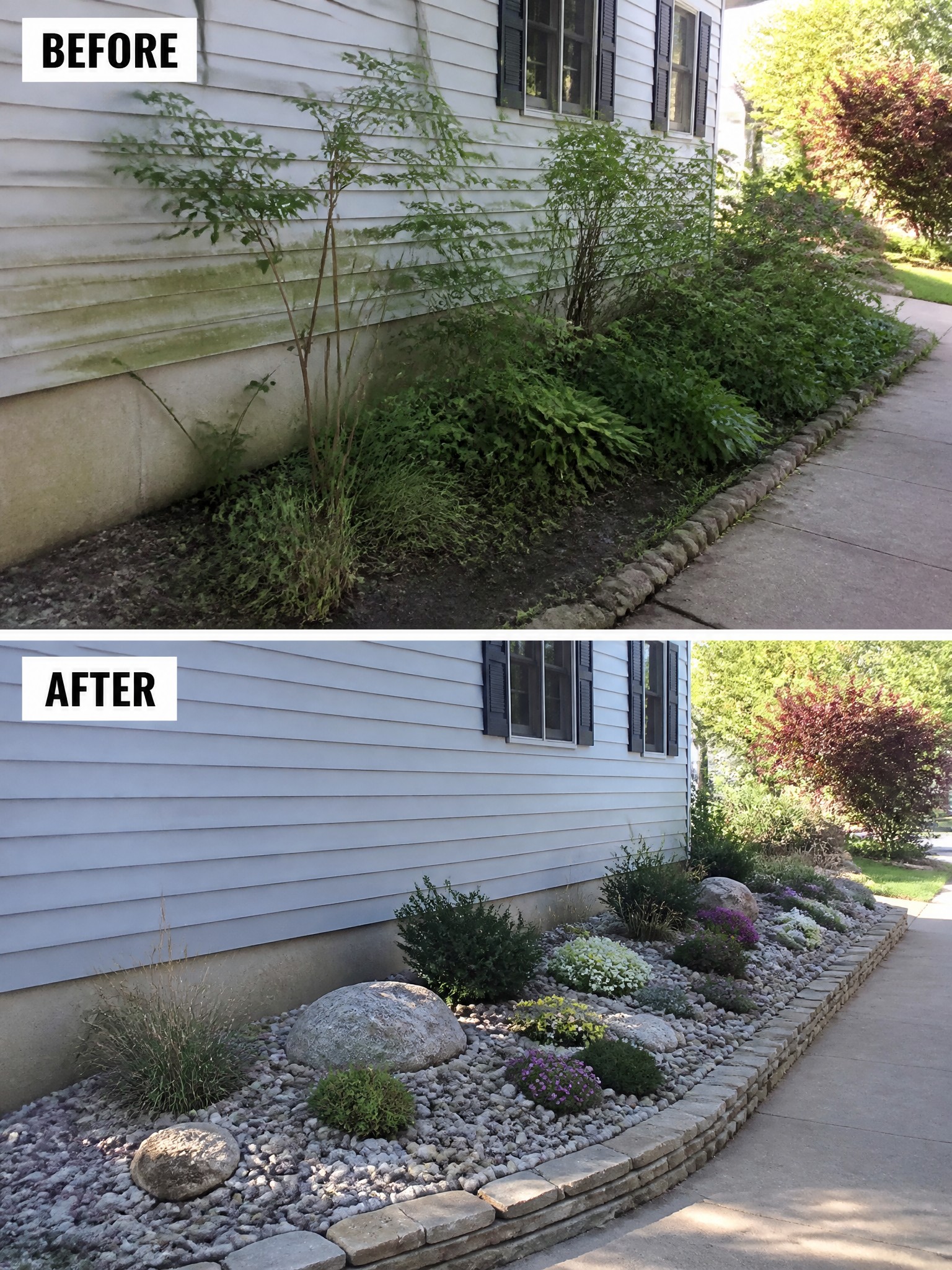 Before and after house foundation garden bed with weeds replaced by rocks and plants