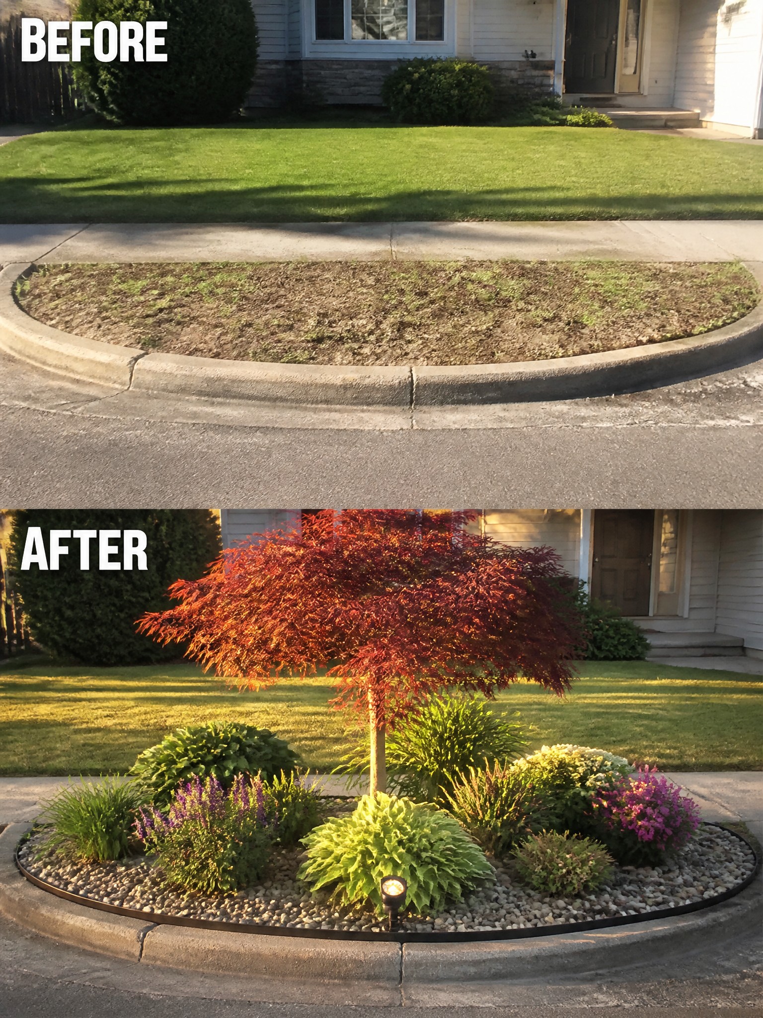Before and after of oval garden bed with red maple tree and colorful plants.