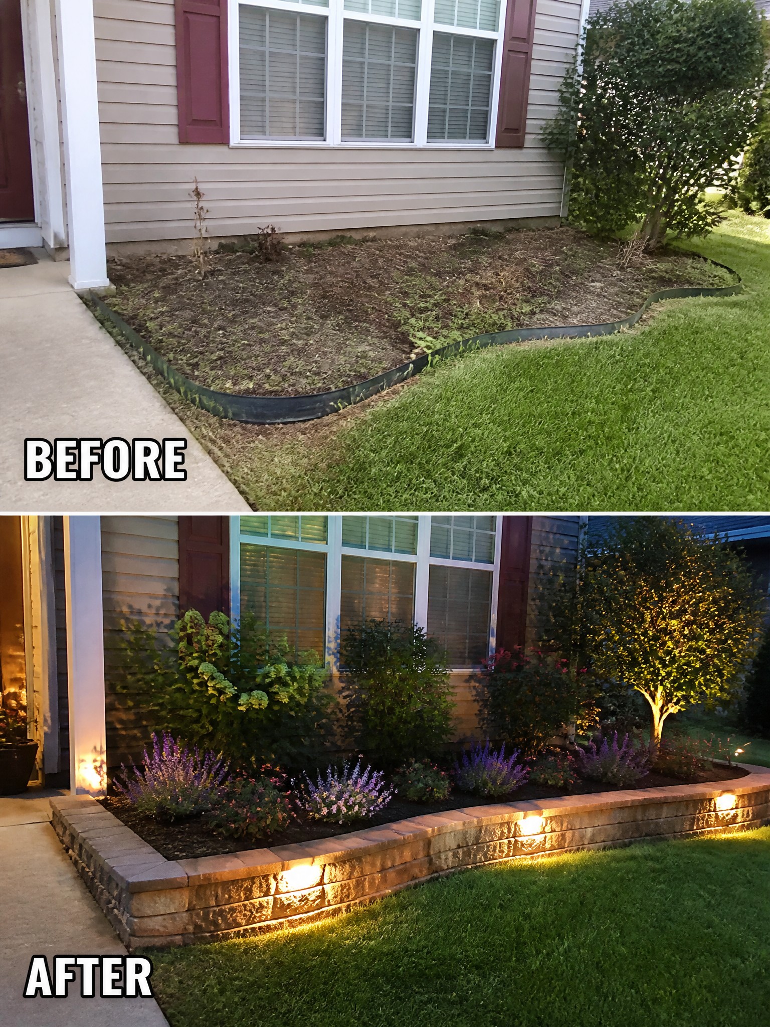 Before and after of a house garden bed transformed with plants, stones and lights.