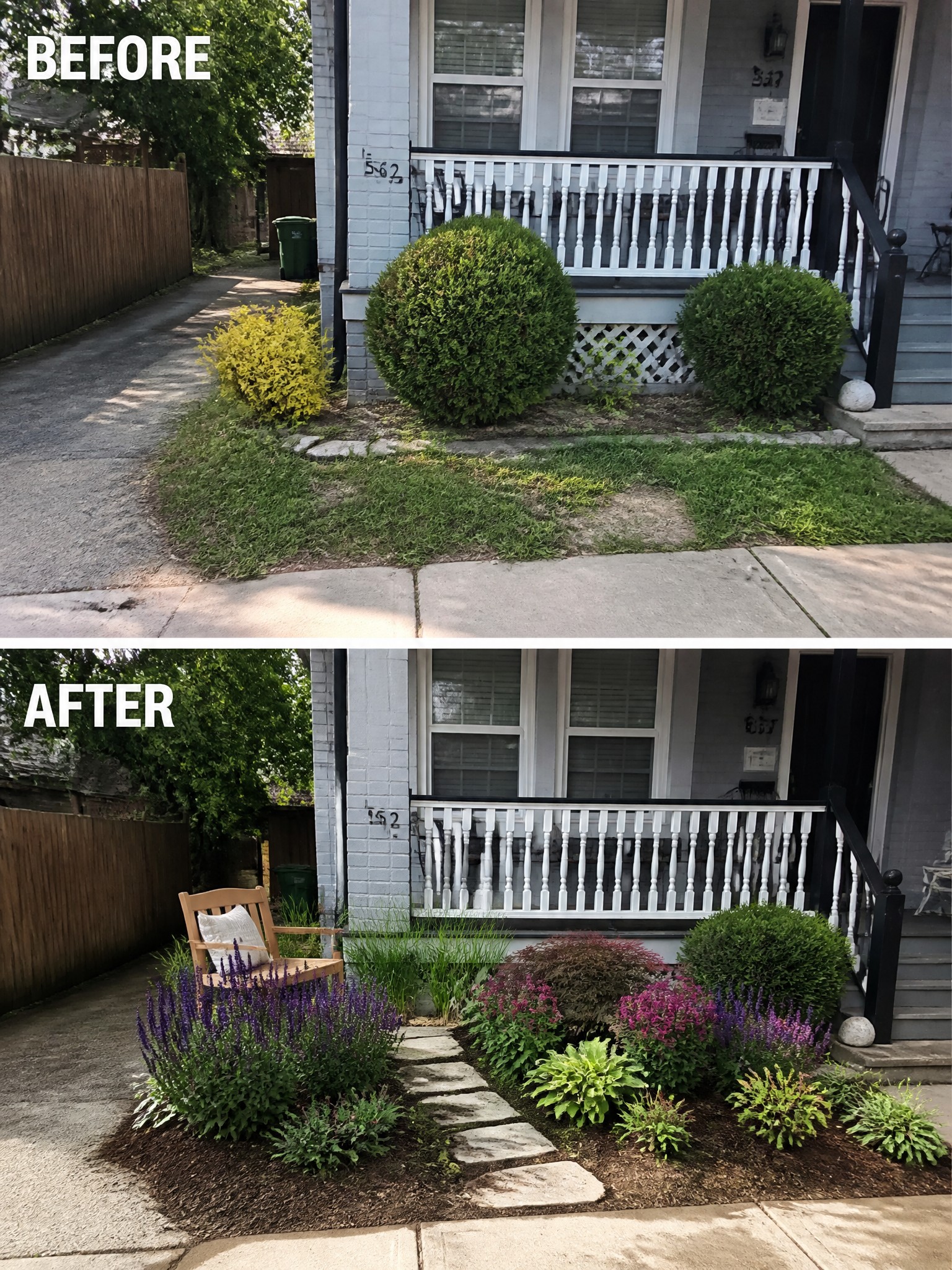 Before and after house entrance with added flowers, path, and wooden chair.
