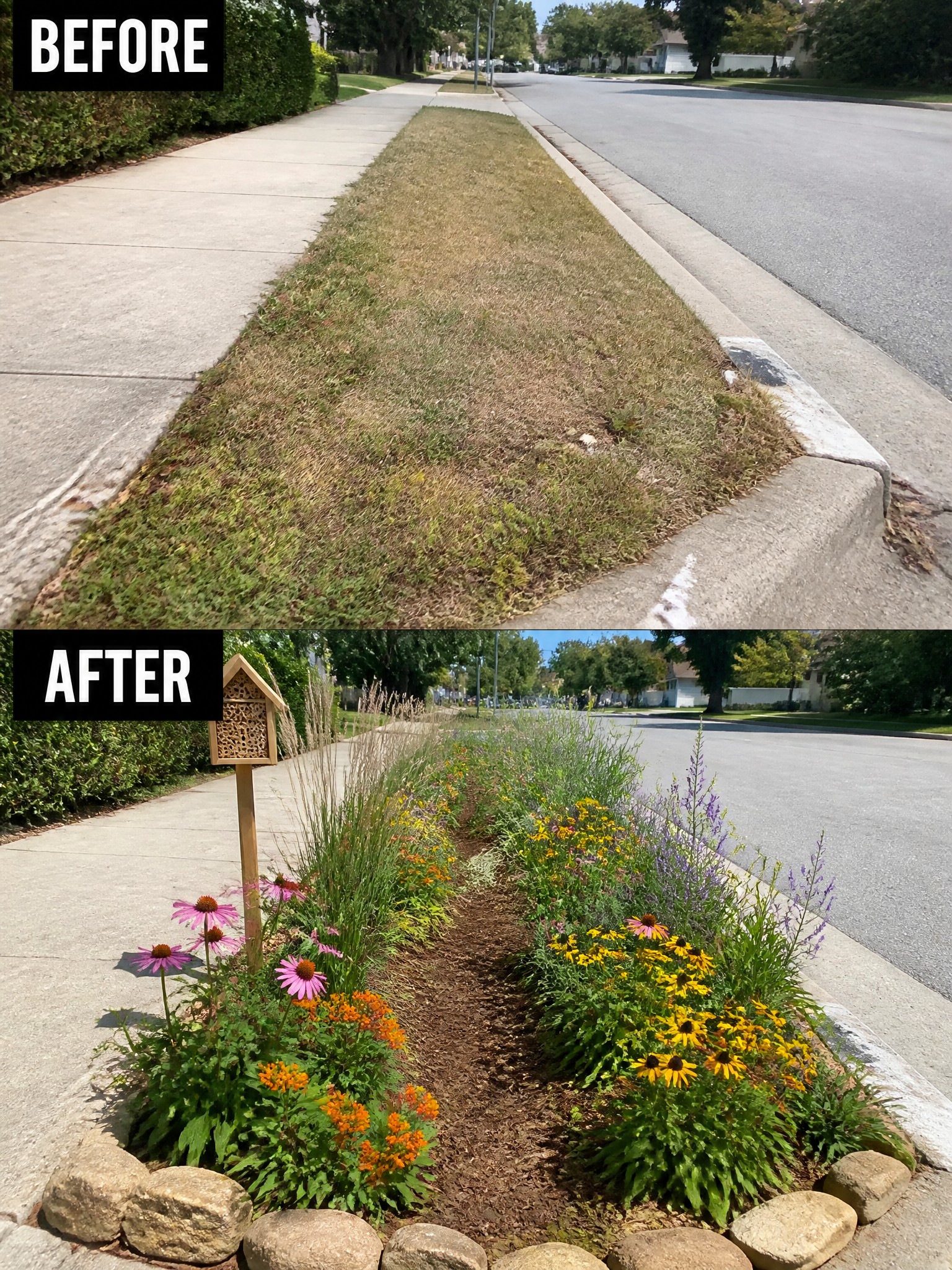 Before-and-after of dry grass verge transformed into colorful flower garden with bee hotel.