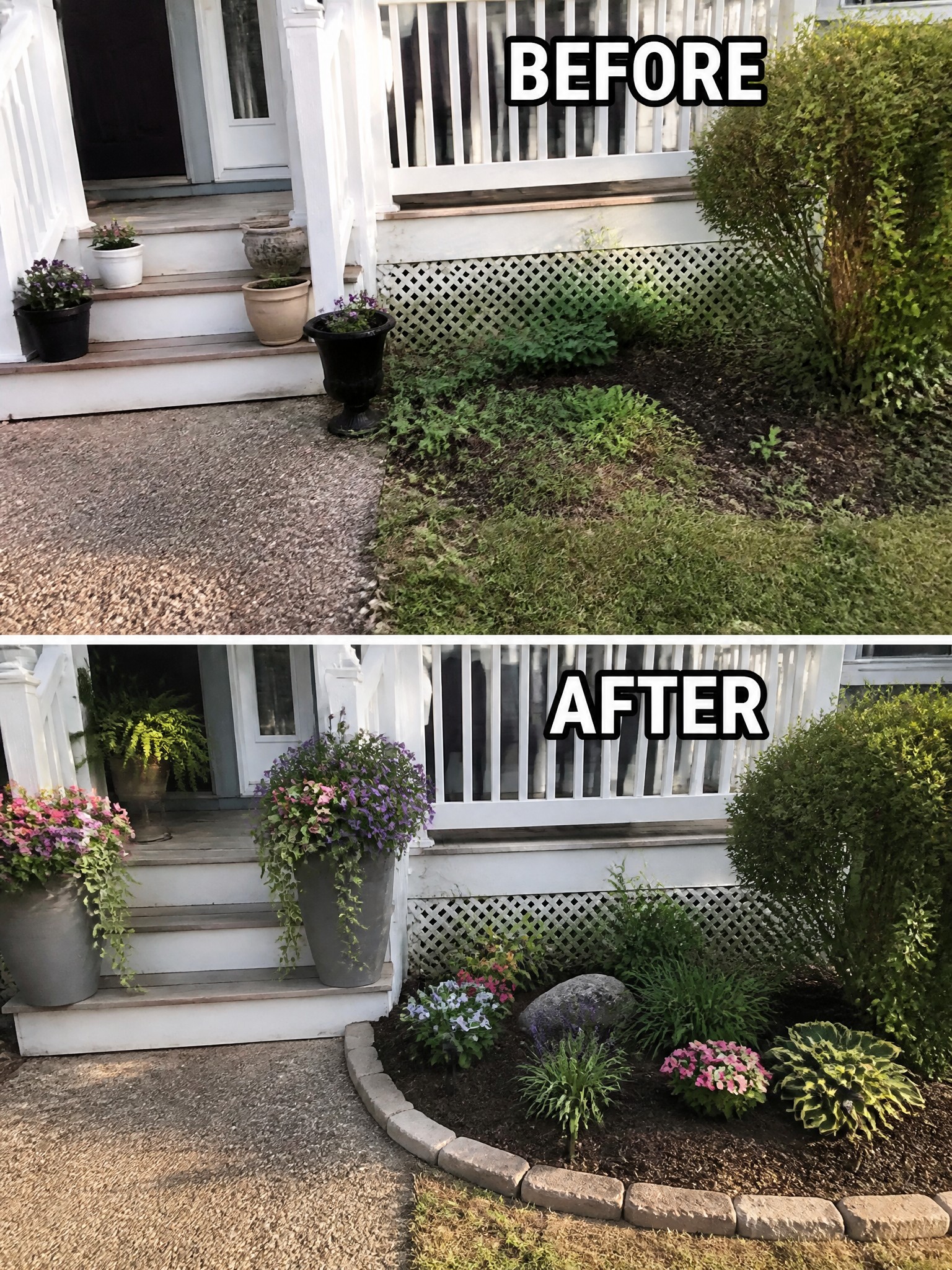 Before-and-after image of a front yard flower bed changed from overgrown weeds to a defined garden with stone edging and arranged plants.