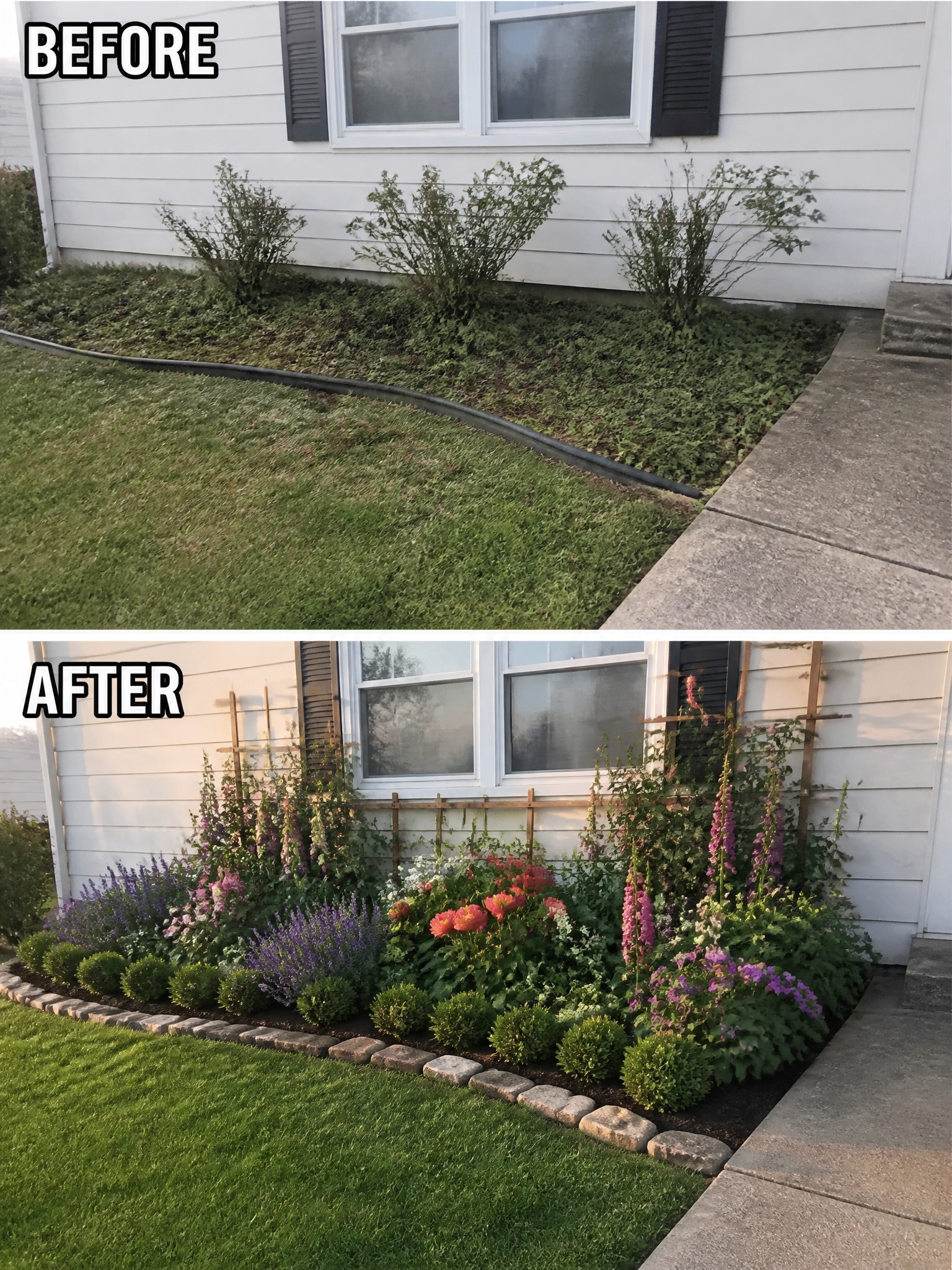 Before and after of house garden bed transformed with colorful flowers, shrubs and trellises