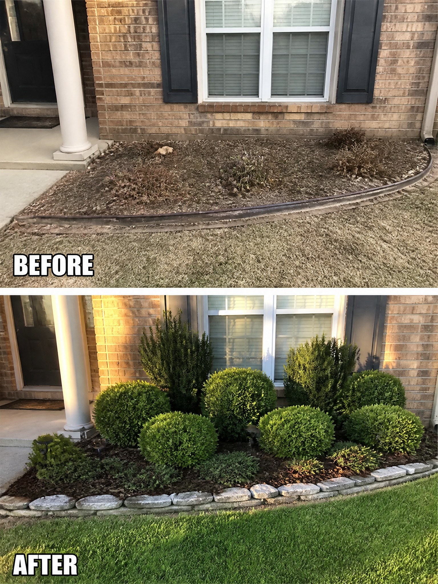 Before and after of front yard garden bed with dead plants replaced by green shrubs and stone border.