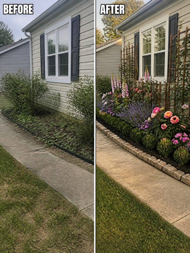 22 Beautiful Flower Bed Before and After Ideas for Front Yard Curb Appeal Before and after of house garden bed transformed with colorful flowers, shrubs and trellises