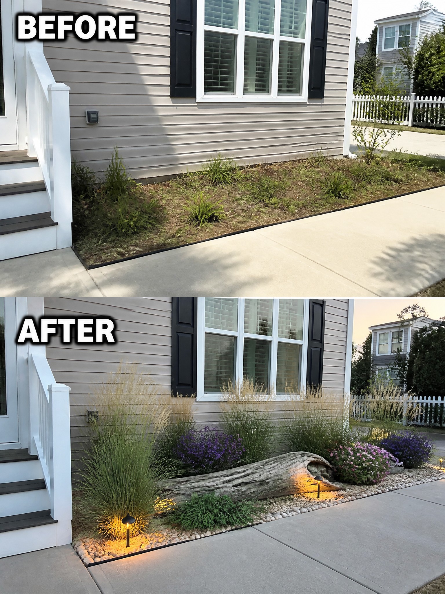 Before and after house foundation garden bed with grasses, flowers, log and lights.
