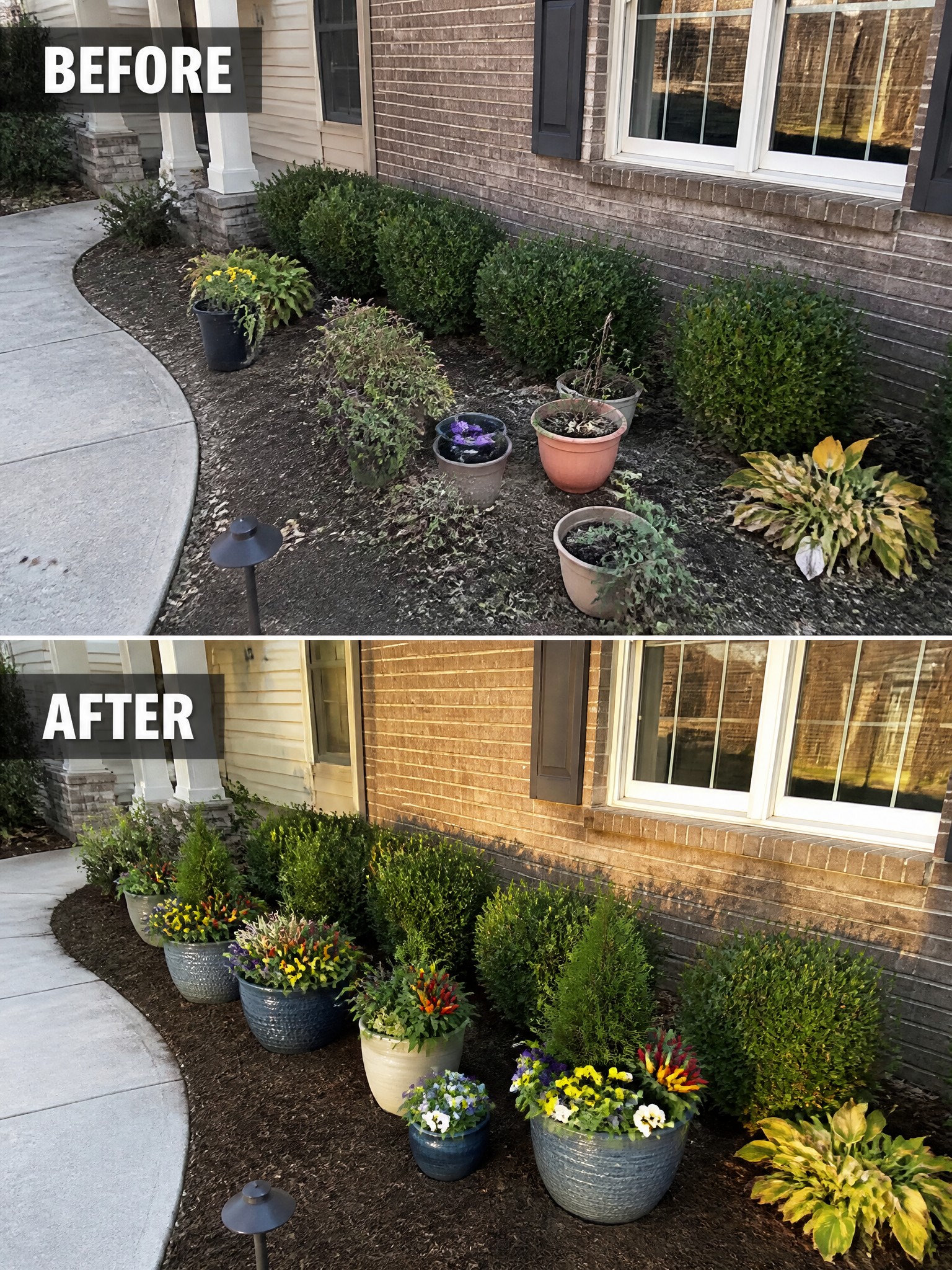 Before-and-after image of a front foundation bed with scattered mismatched pots changed into grouped clusters of fuller colorful planters.