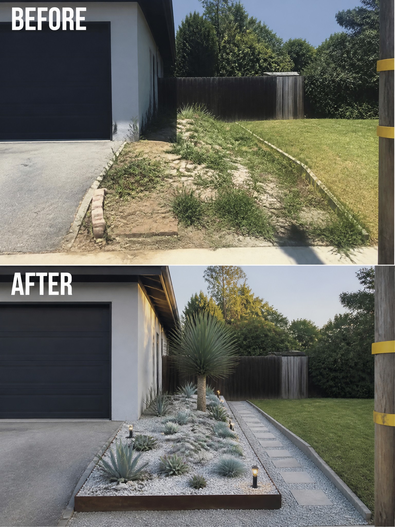 Before-and-after image of an overgrown front yard strip next to a house changed into a gravel garden bed with structured plants and a paver path.