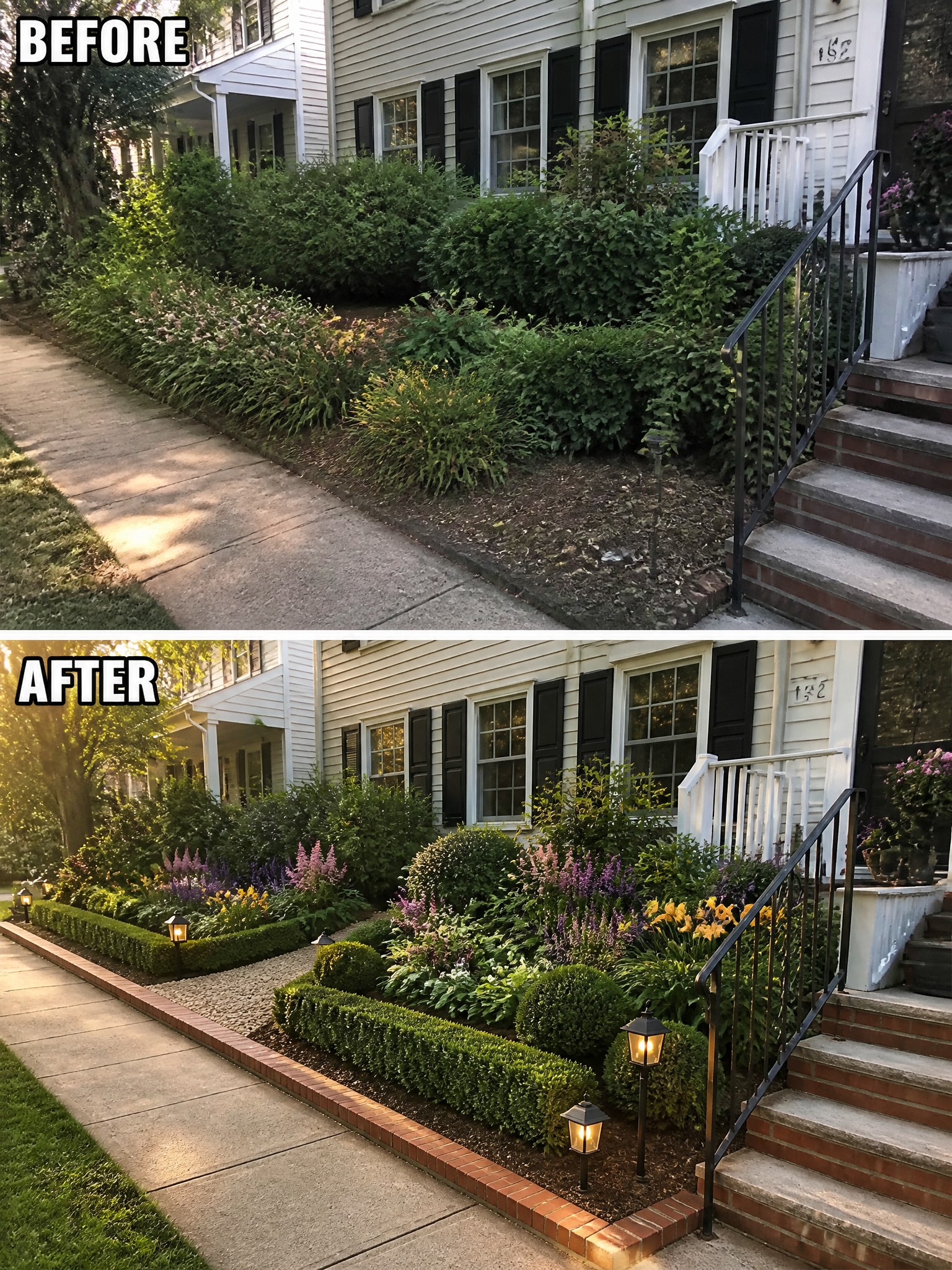 Before and after of a front yard garden with flowers, hedges, and lights.