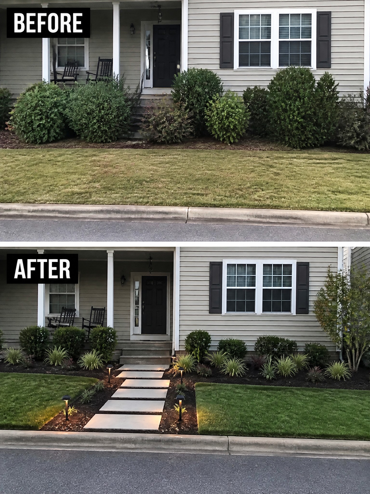 Before and after house exterior with new landscaping, pathway, and lights