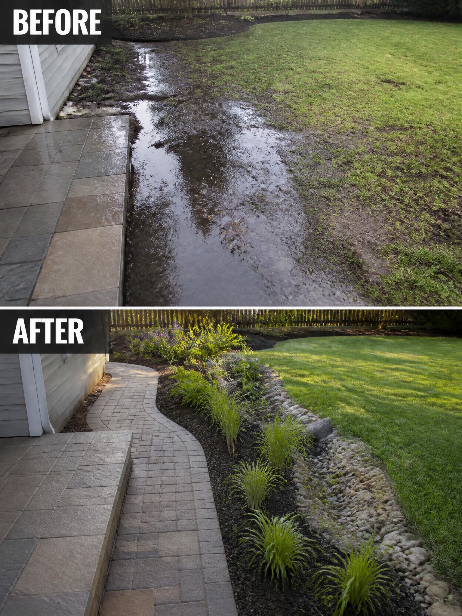 Before muddy puddle by house; after stone path with plants and rocks.