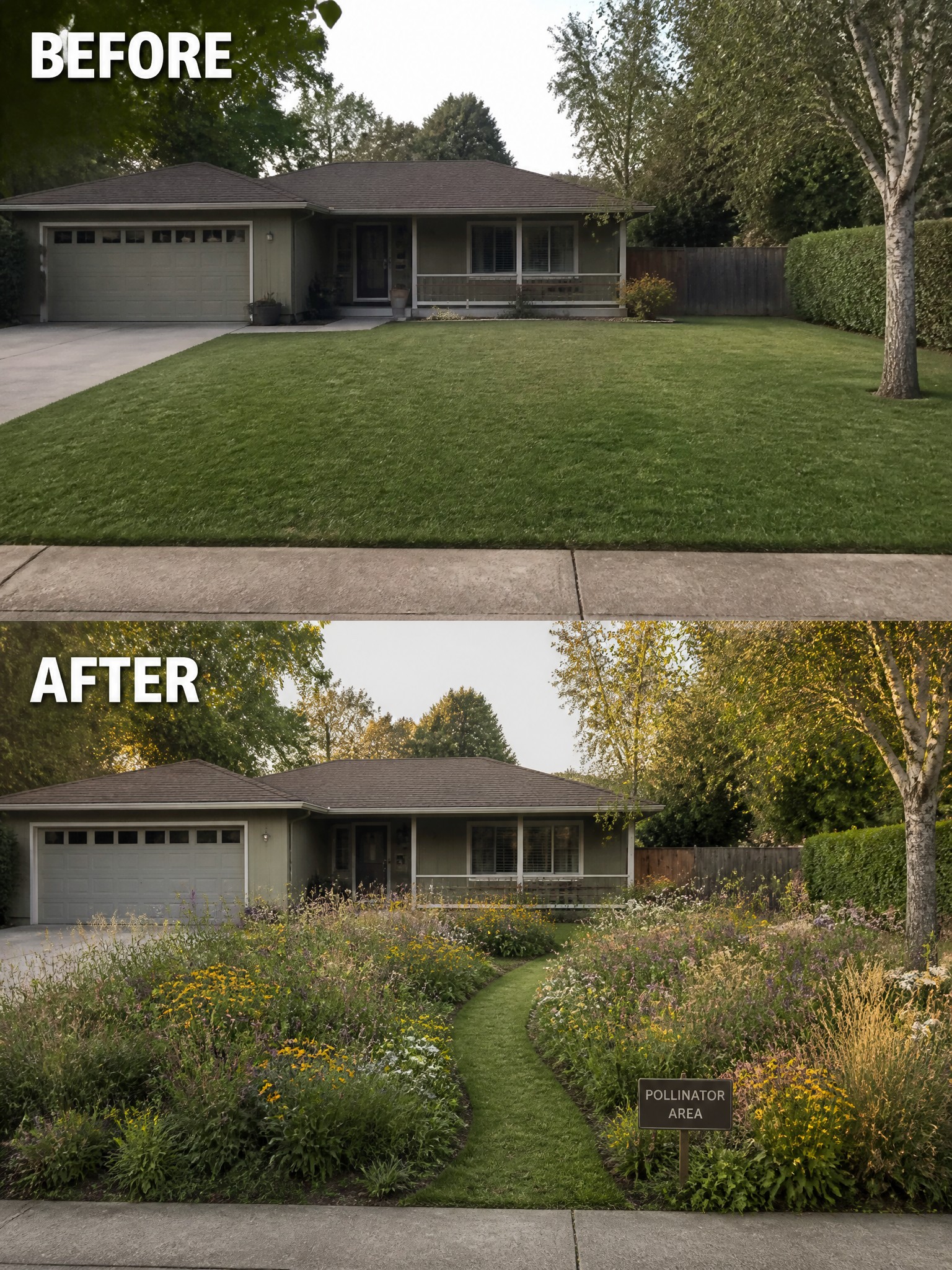 Before-and-after view of house lawn replaced by colorful wildflower pollinator garden.