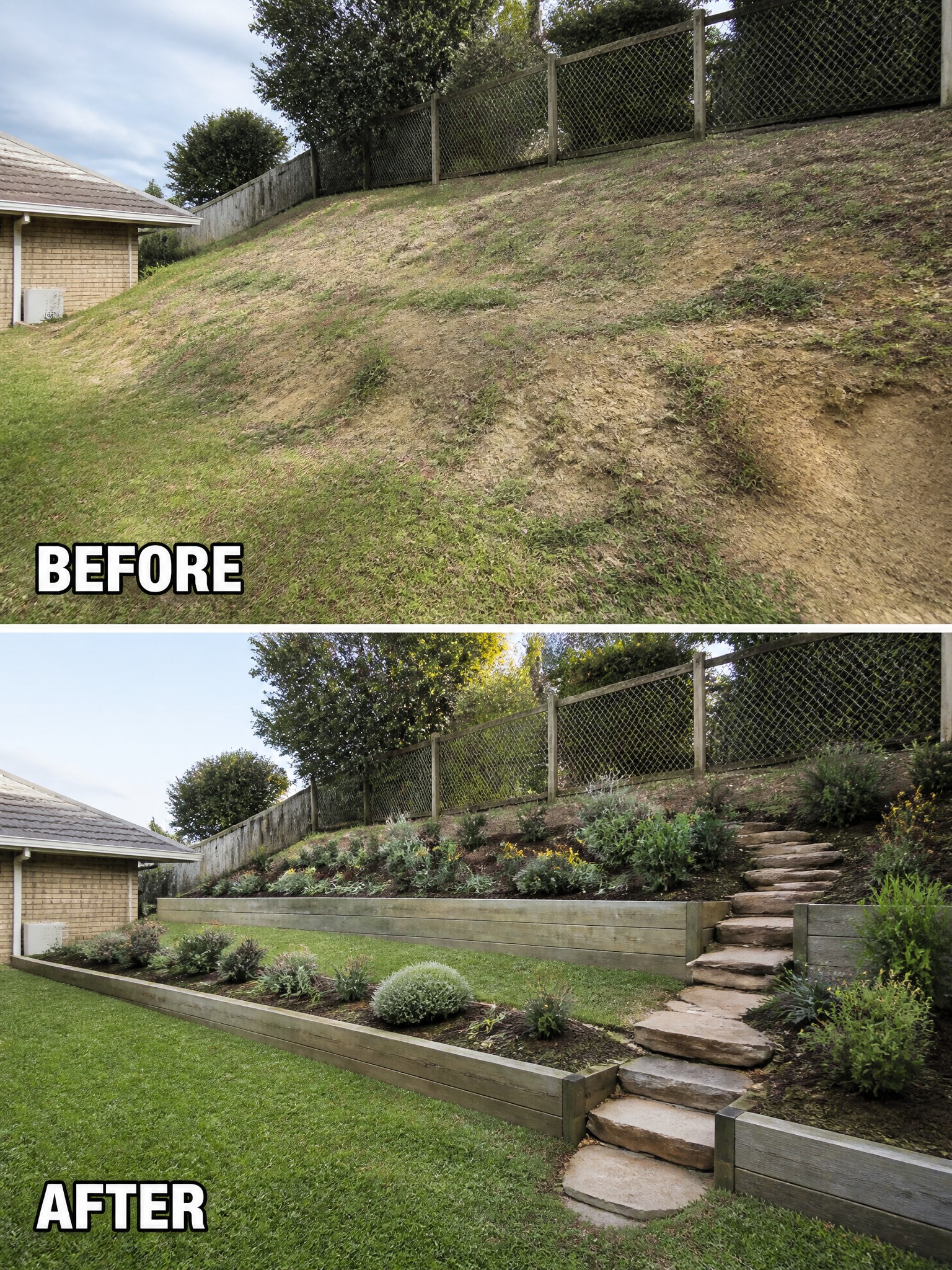 Before and after of sloped yard with terraced gardens, retaining walls, and stone steps.
