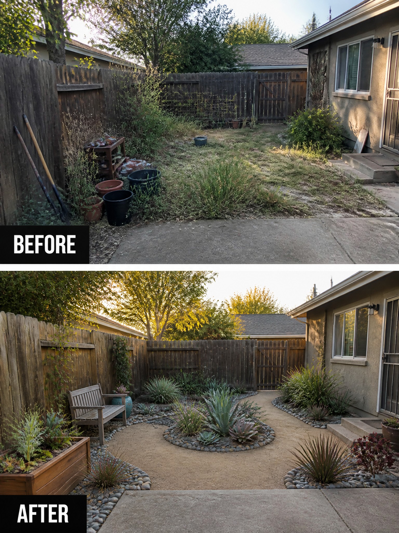 Before-and-after image of an overgrown backyard changed into a landscaped space with gravel-edged beds, a central planting circle, and a clean path.