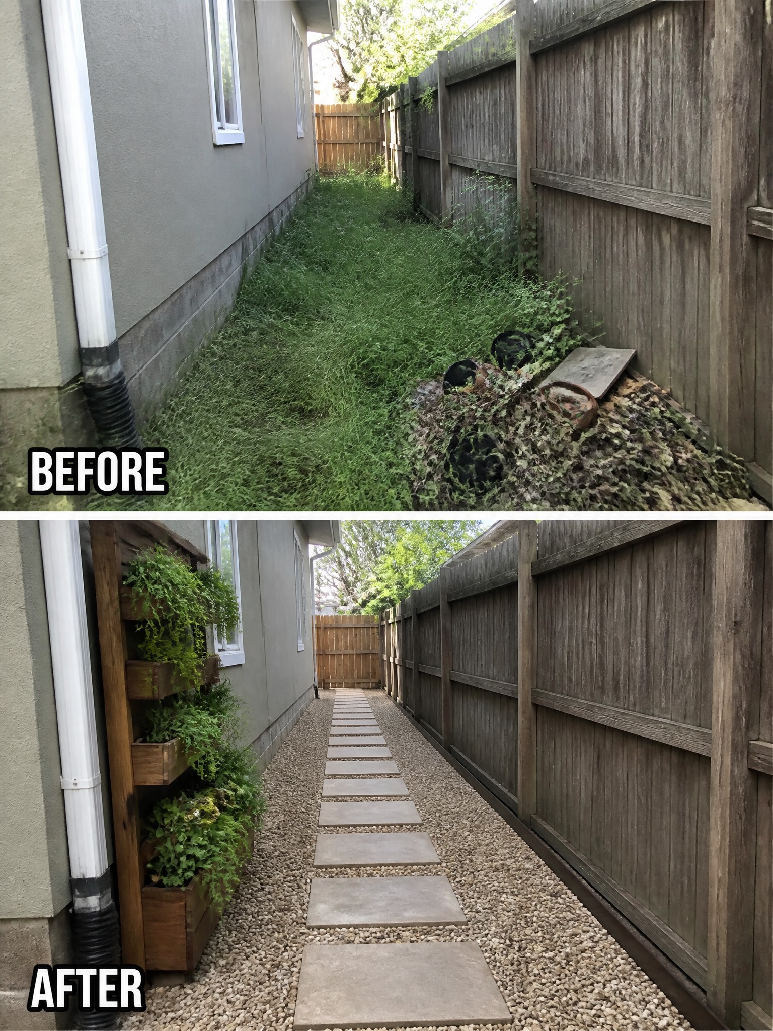 Before and after of overgrown yard transformed into gravel path with planters and stepping stones