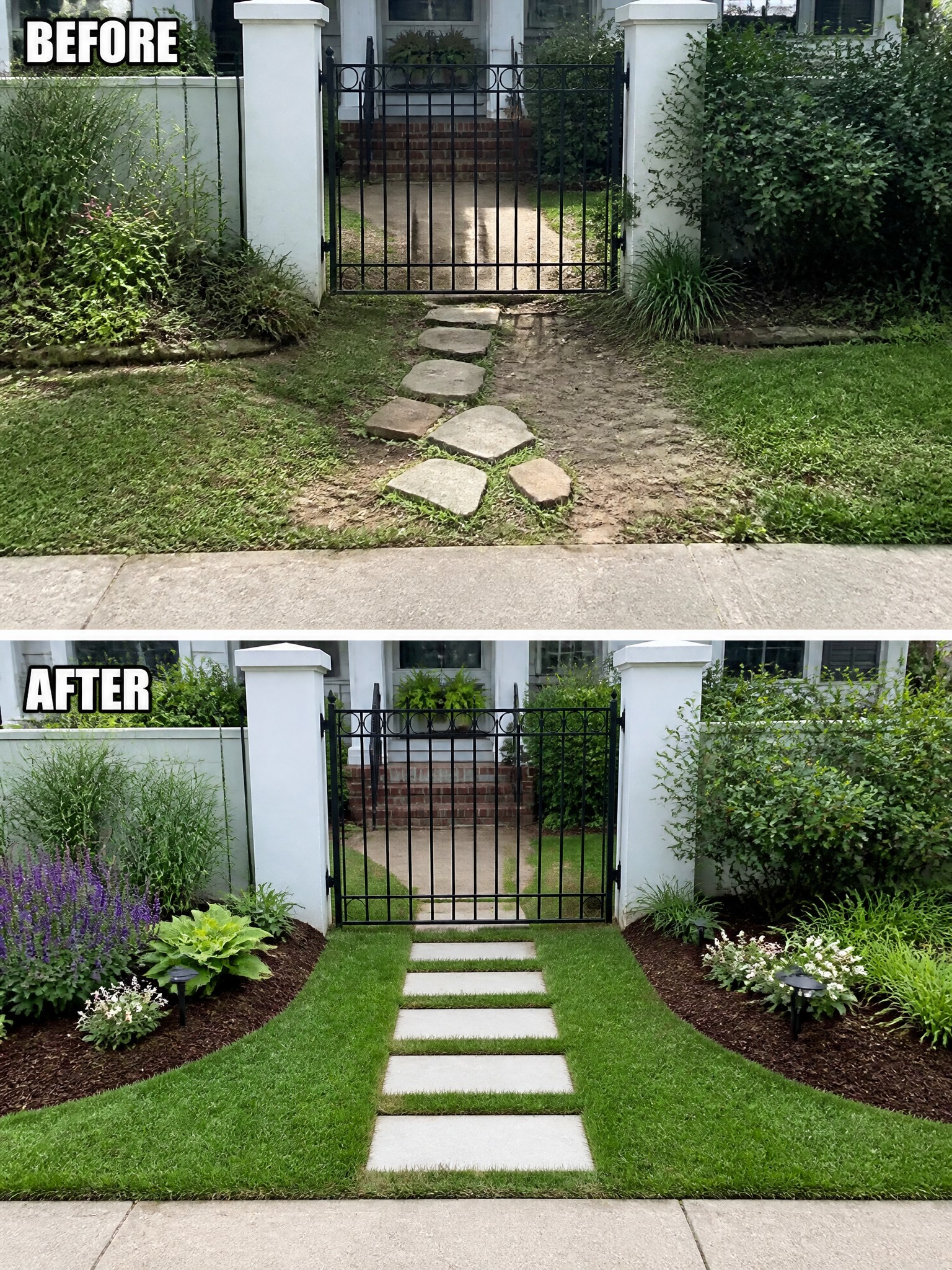 Before-and-after image of an overgrown front entrance path changed into a neat lawn walkway with rectangular pavers and planted garden beds on both sides.