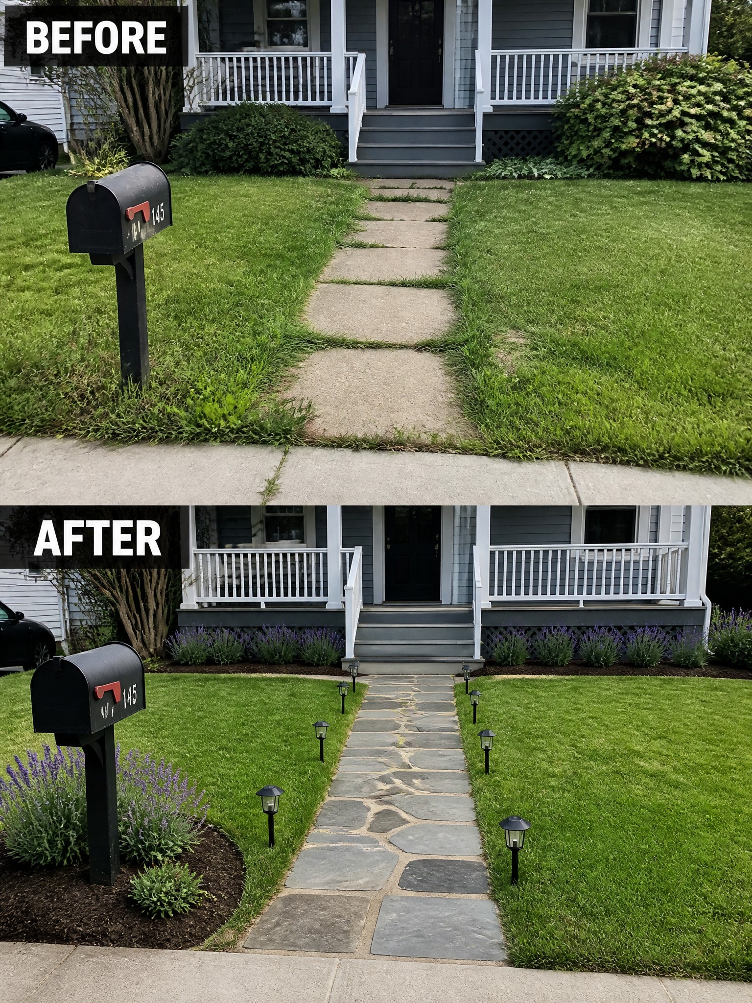 Before-and-after front yard: concrete path replaced by lit stone walkway with lavender beds.