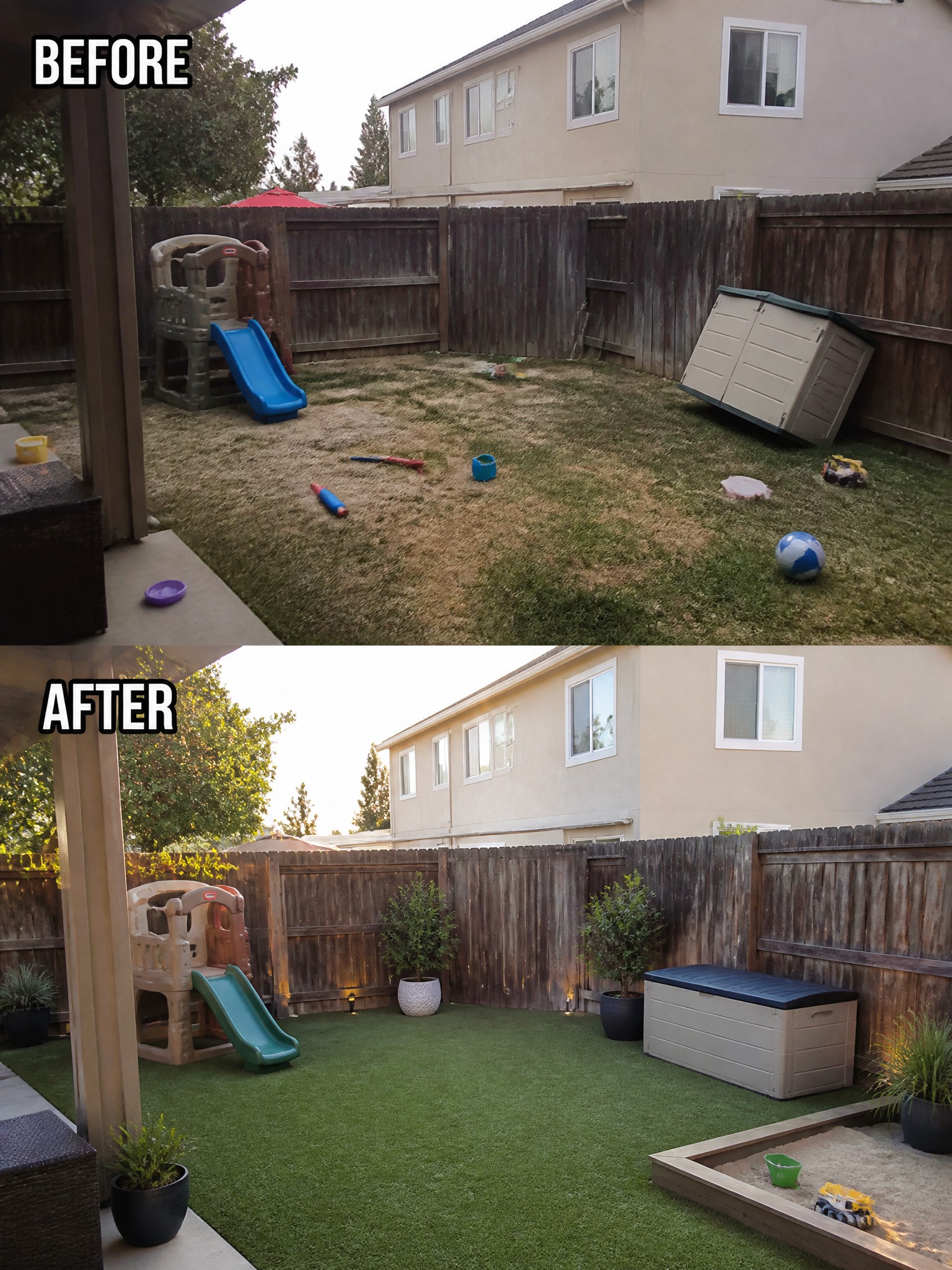 Before and after backyard makeover with turf, slide, plants, and sandbox.