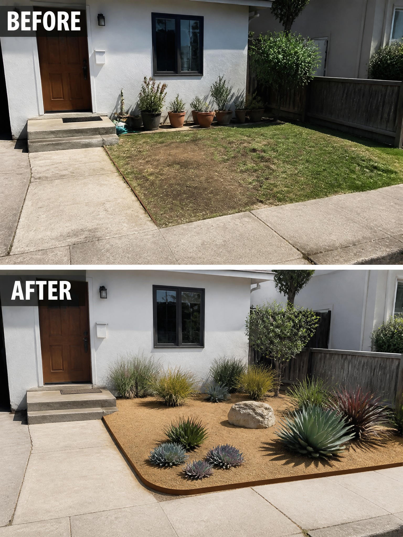 Before and after of front yard: patchy grass replaced by succulent garden with gravel and rock.