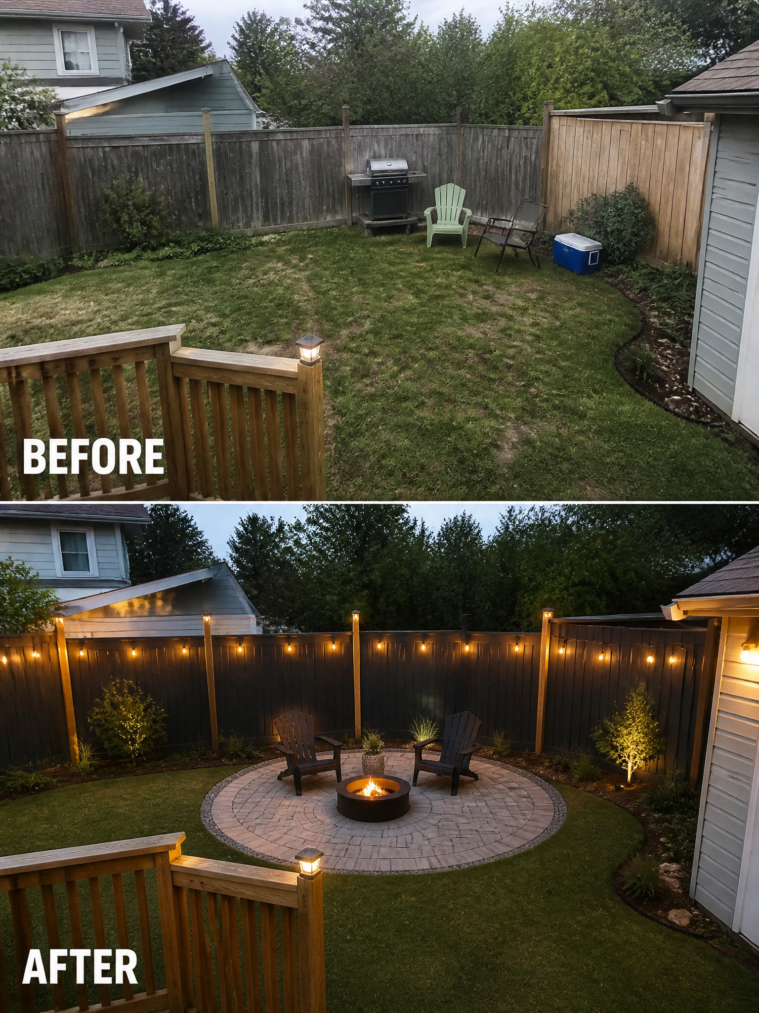 Before and after backyard with fire pit, string lights, and stone patio.