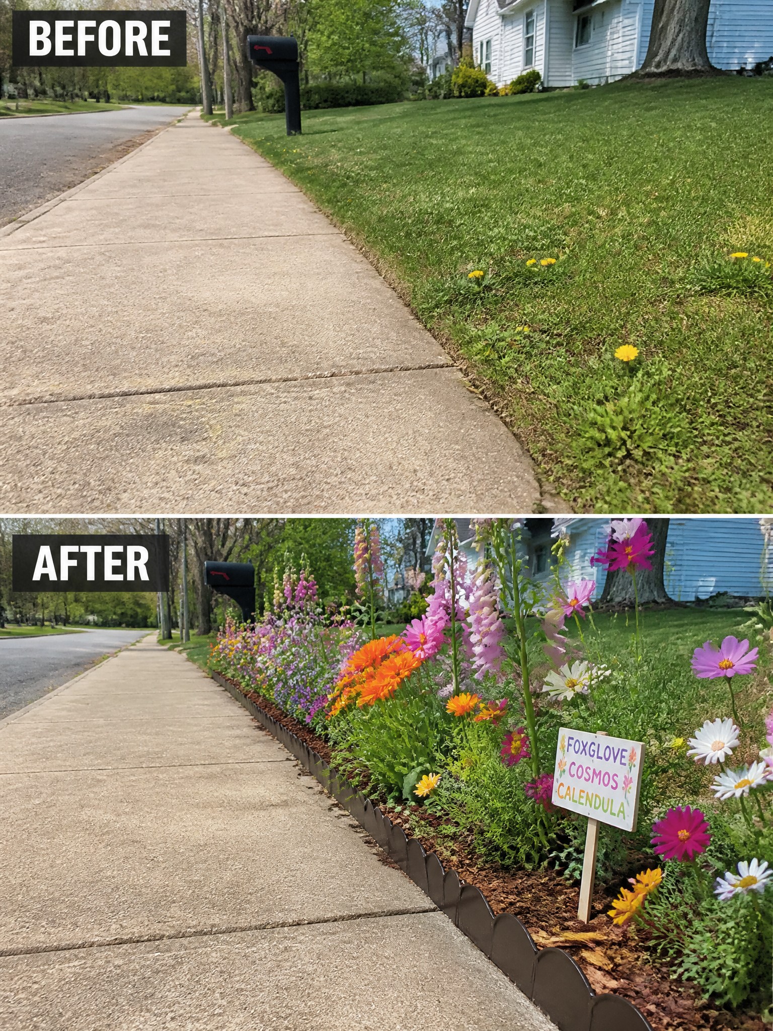 Before and after of sidewalk edged by plain grass transformed into colorful flower garden with sign.