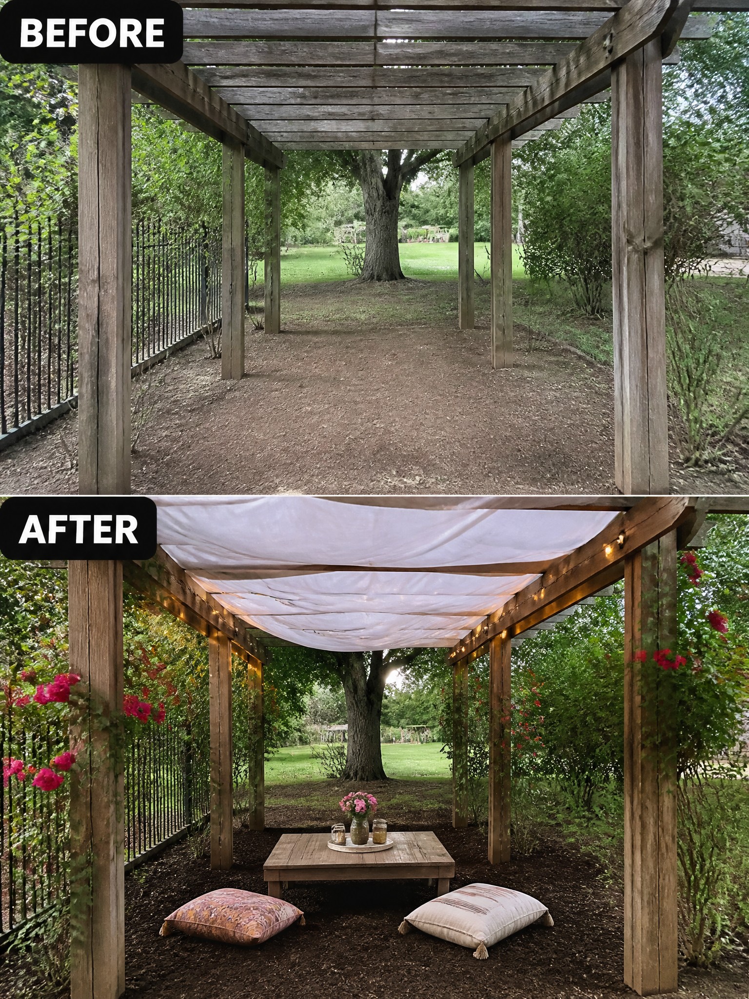 Before and after of wooden pergola transformed with white canopy, lights, table, and pillows.