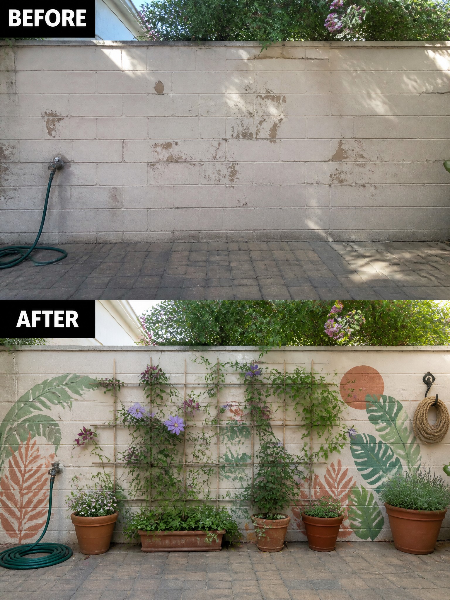 Before-and-after image of a plain cinder block wall changed with a trellis, climbing vines, painted leaf designs, and potted plants along the base.