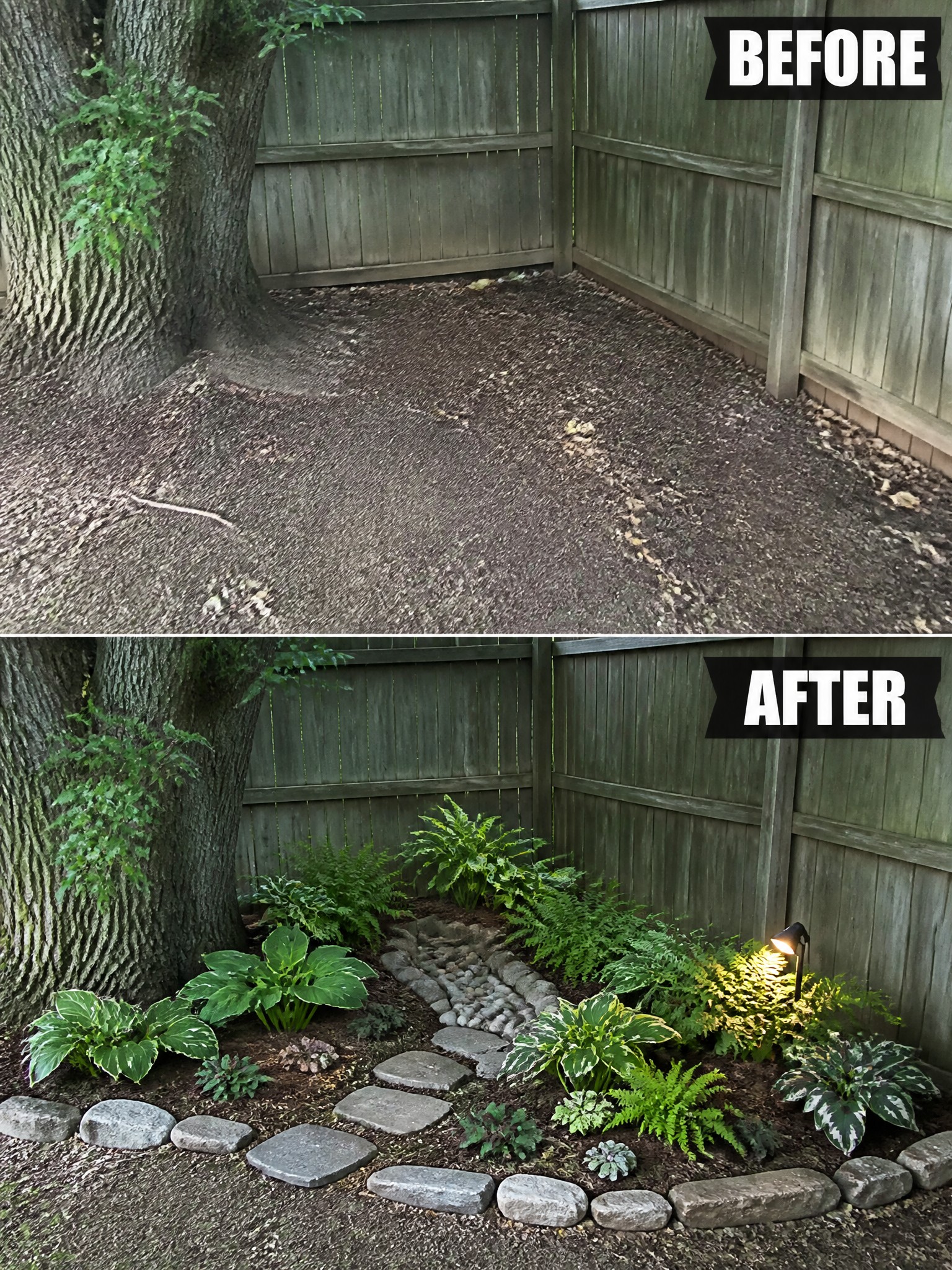 Before and after of bare dirt yard transformed into lush garden with stone path.