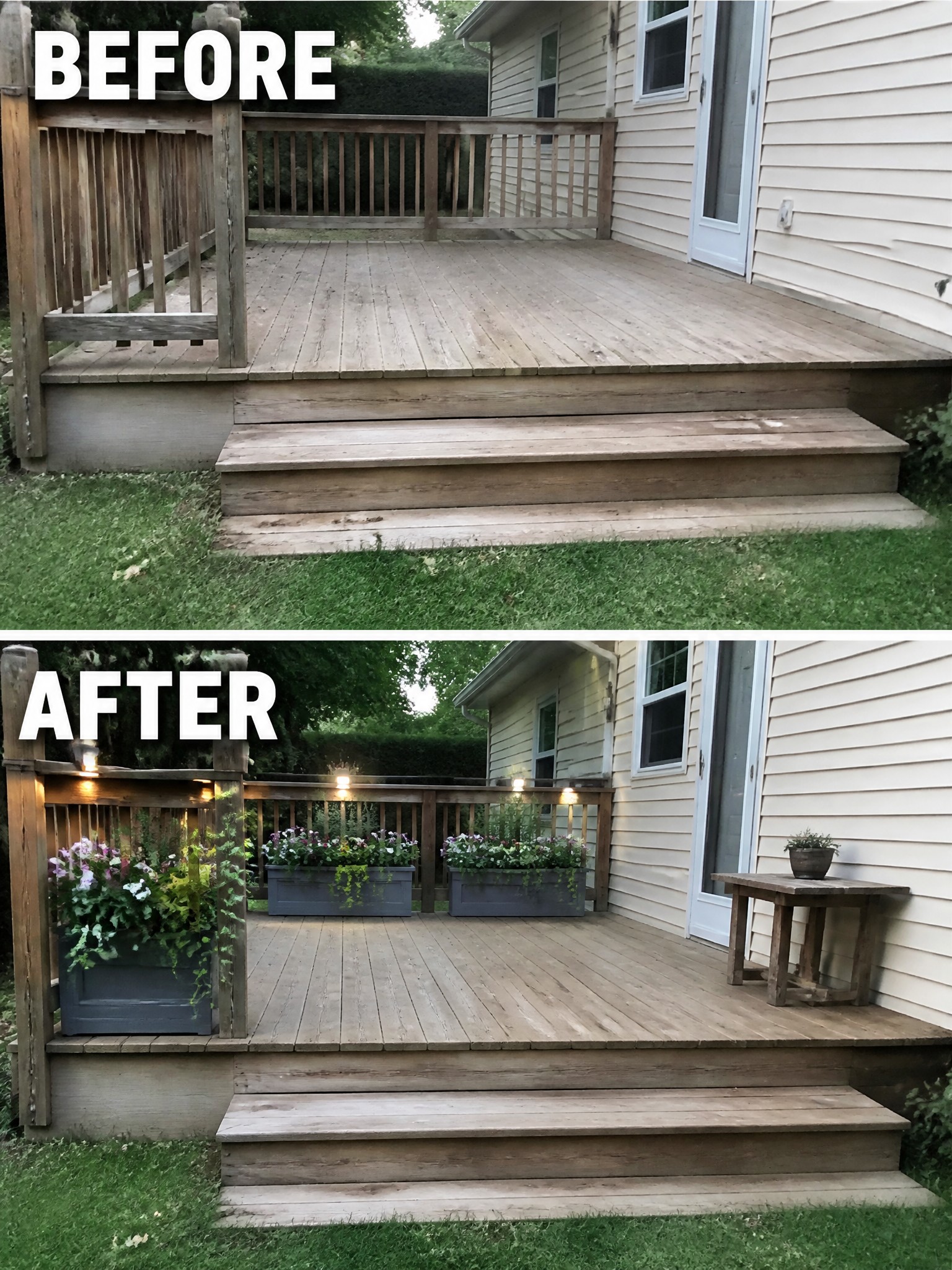 Before-and-after image of a plain wooden deck transformed with string lights, flower-filled planters, and a small side table.