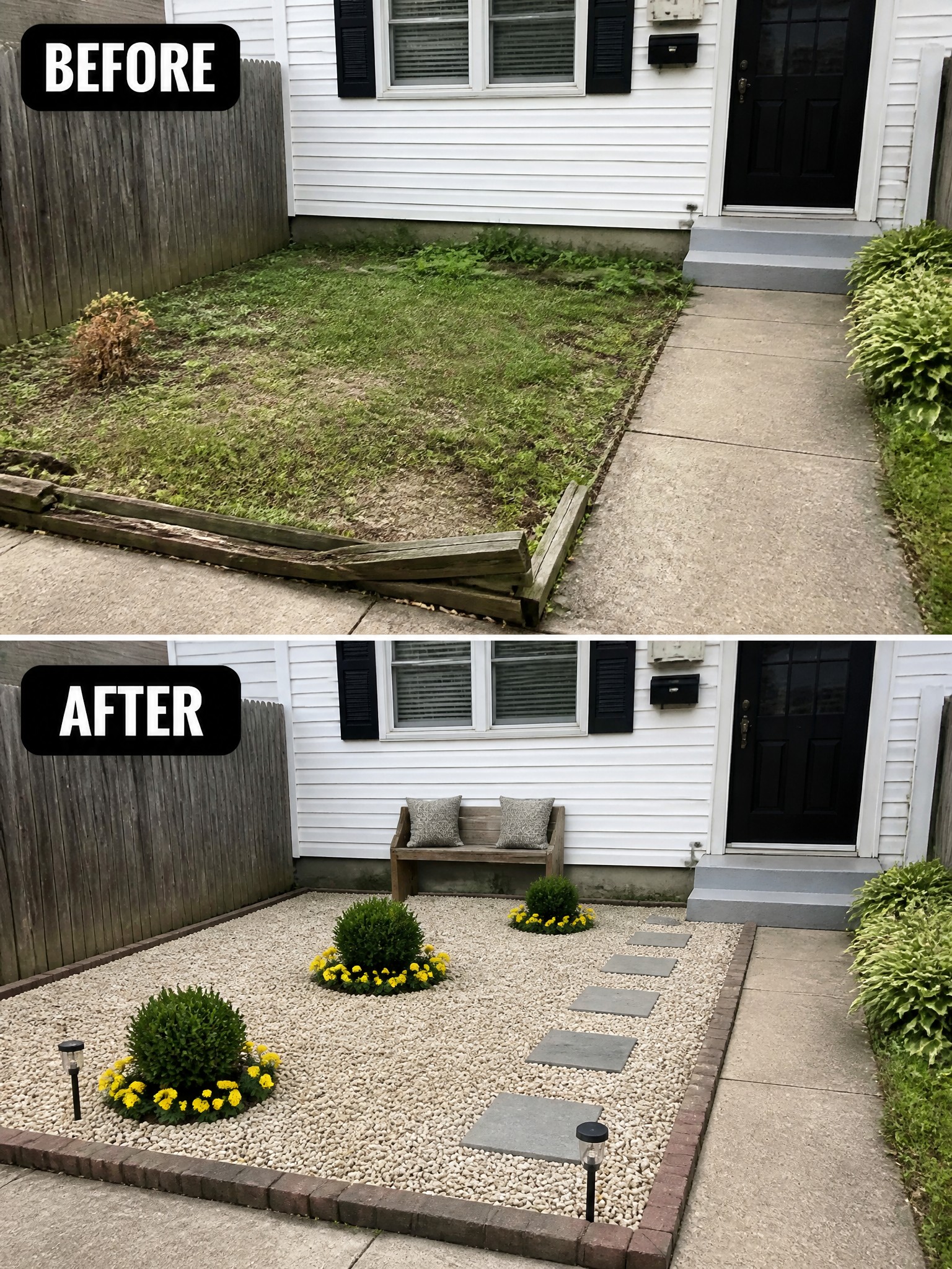 Before and after of a house side yard transformed into gravel garden with bench