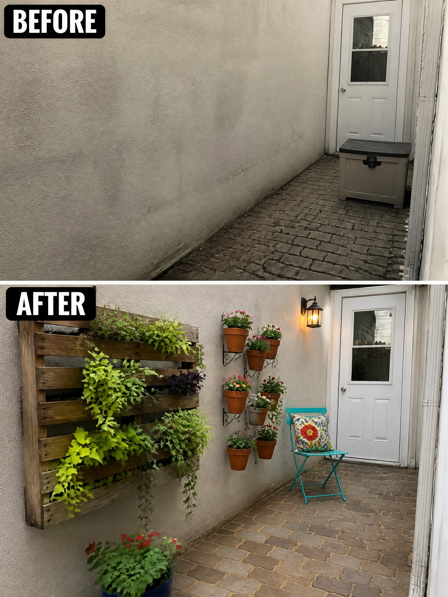 Before-and-after image of a plain outdoor side passage updated with a pallet vertical garden, wall-mounted pots, and a small seating chair.