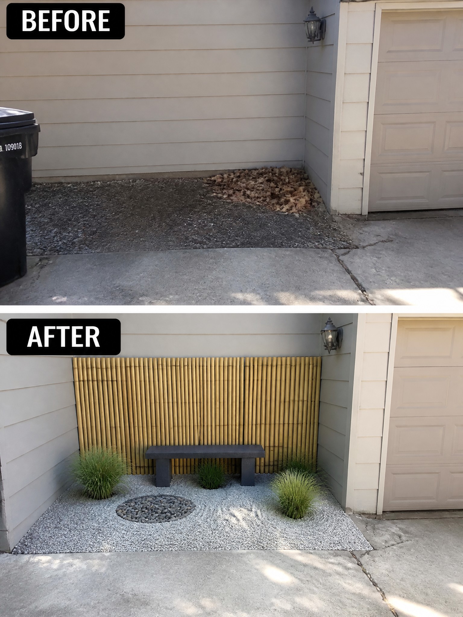 Before-and-after image of a bare gravel area beside a garage changed into a defined garden space with a bamboo screen, bench, and ornamental grasses.