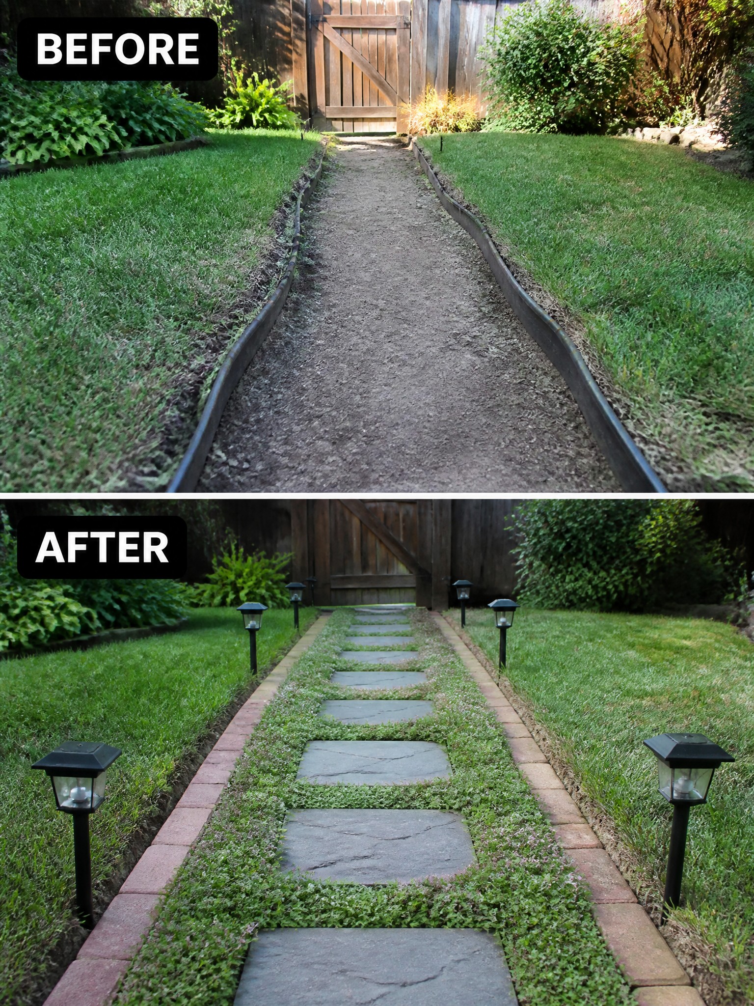Before and after of dirt path transformed into stone walkway with brick edging and lights