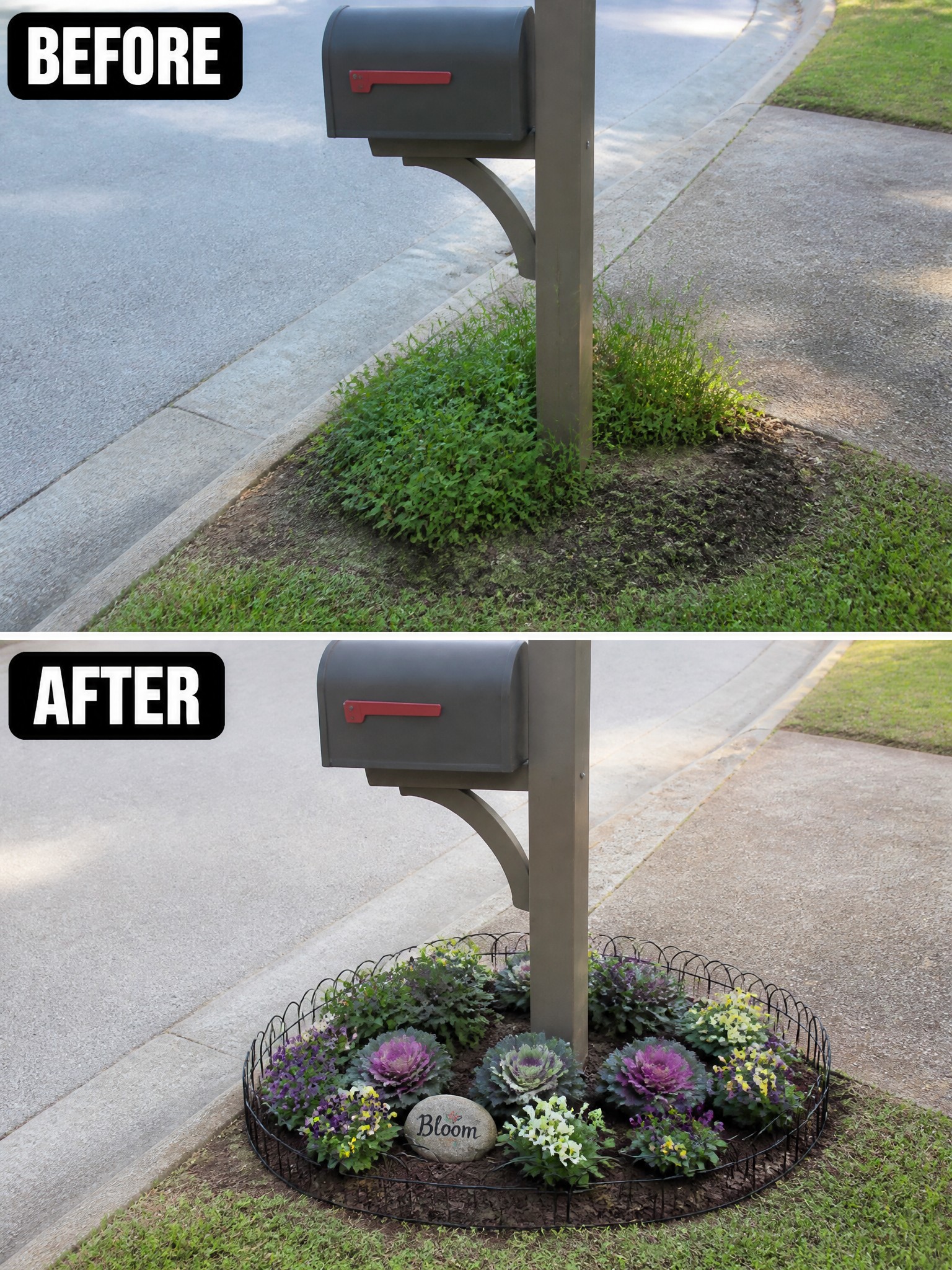 Before and after of mailbox with weeds replaced by colorful flower bed and border fence