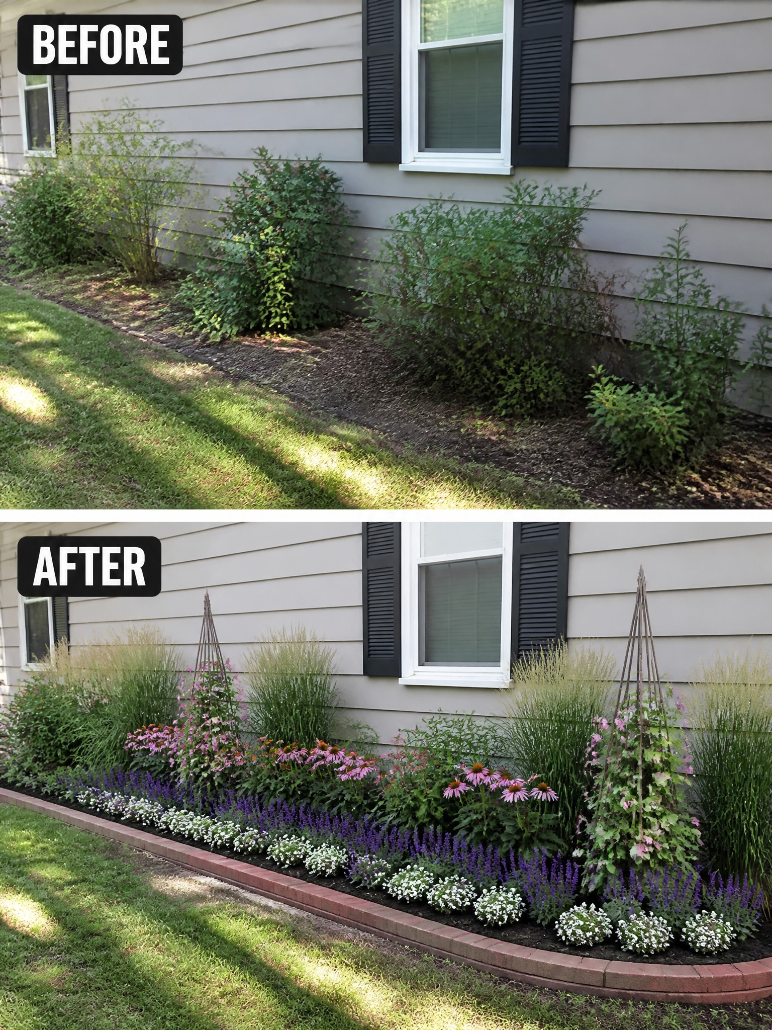Before and after of overgrown shrubs transformed into colorful flower garden bed.