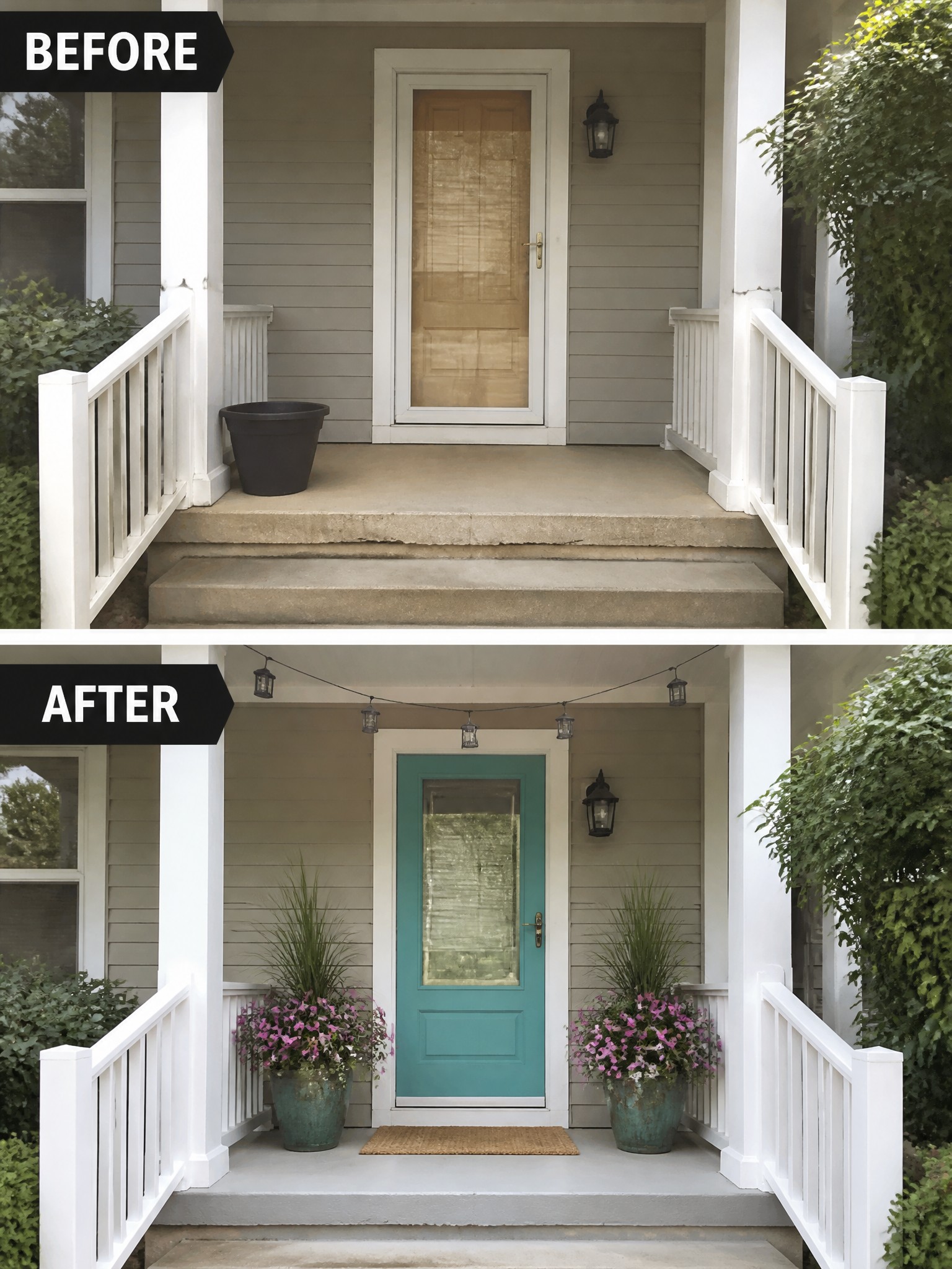 Before-and-after image of a plain front porch transformed with a teal door, two large planters, string lights, and a doormat.