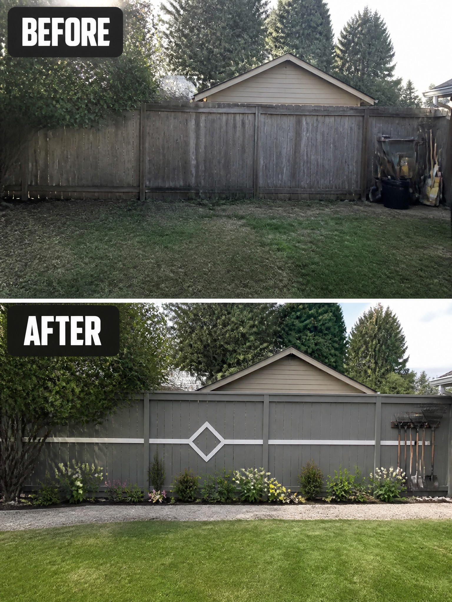 Before-and-after image of a weathered backyard fence updated with gray paint, a white diamond accent, and a row of planted garden beds along the lawn.