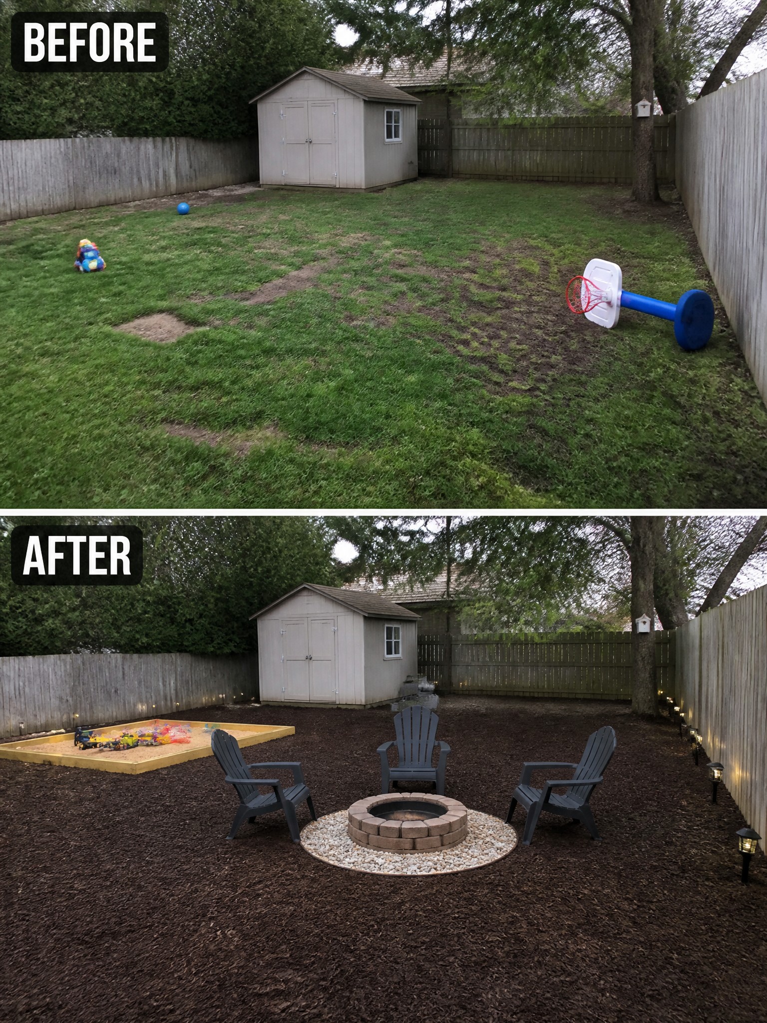 Before-and-after image of a backyard changed from an open lawn with toys into a mulched space with a fire pit, chairs, and a separate sandbox.