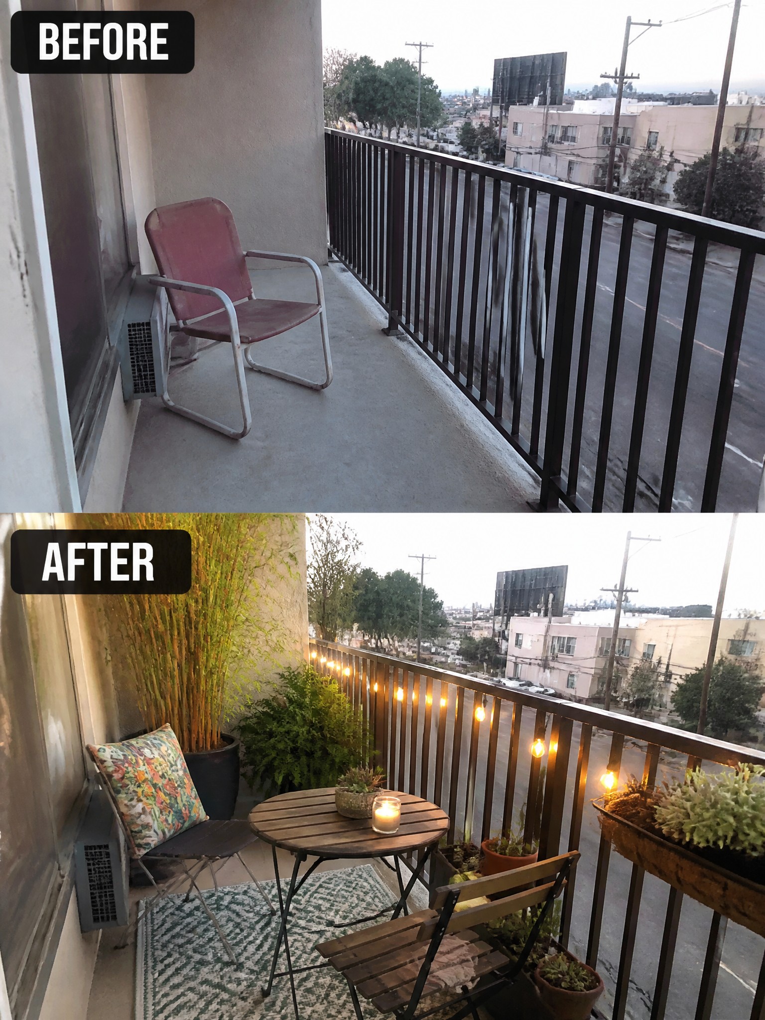 Before and after balcony transformation with plants, lights, table, and cozy seating.