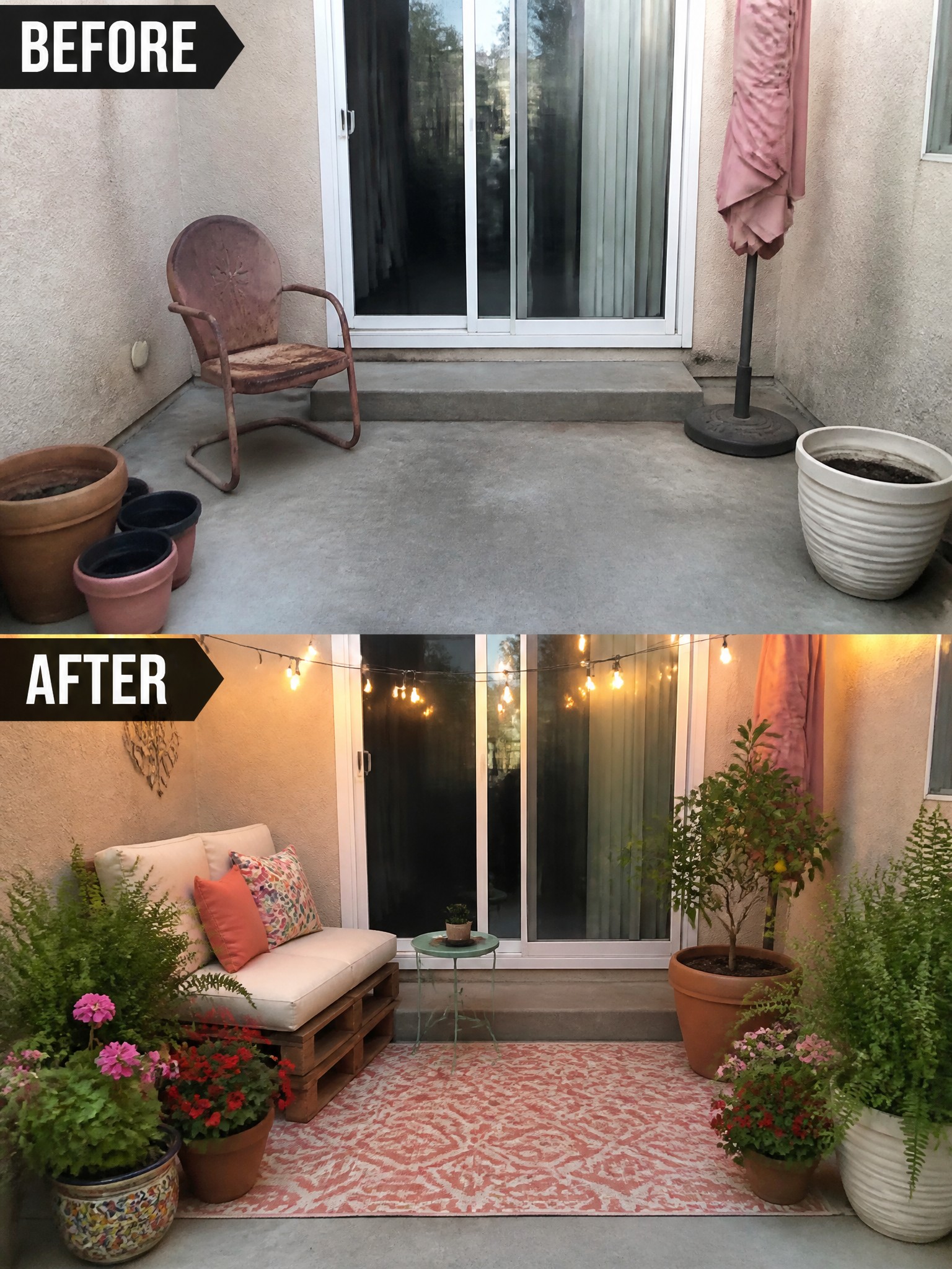 Before and after patio makeover with sofa, rug, plants, lights, and furniture.