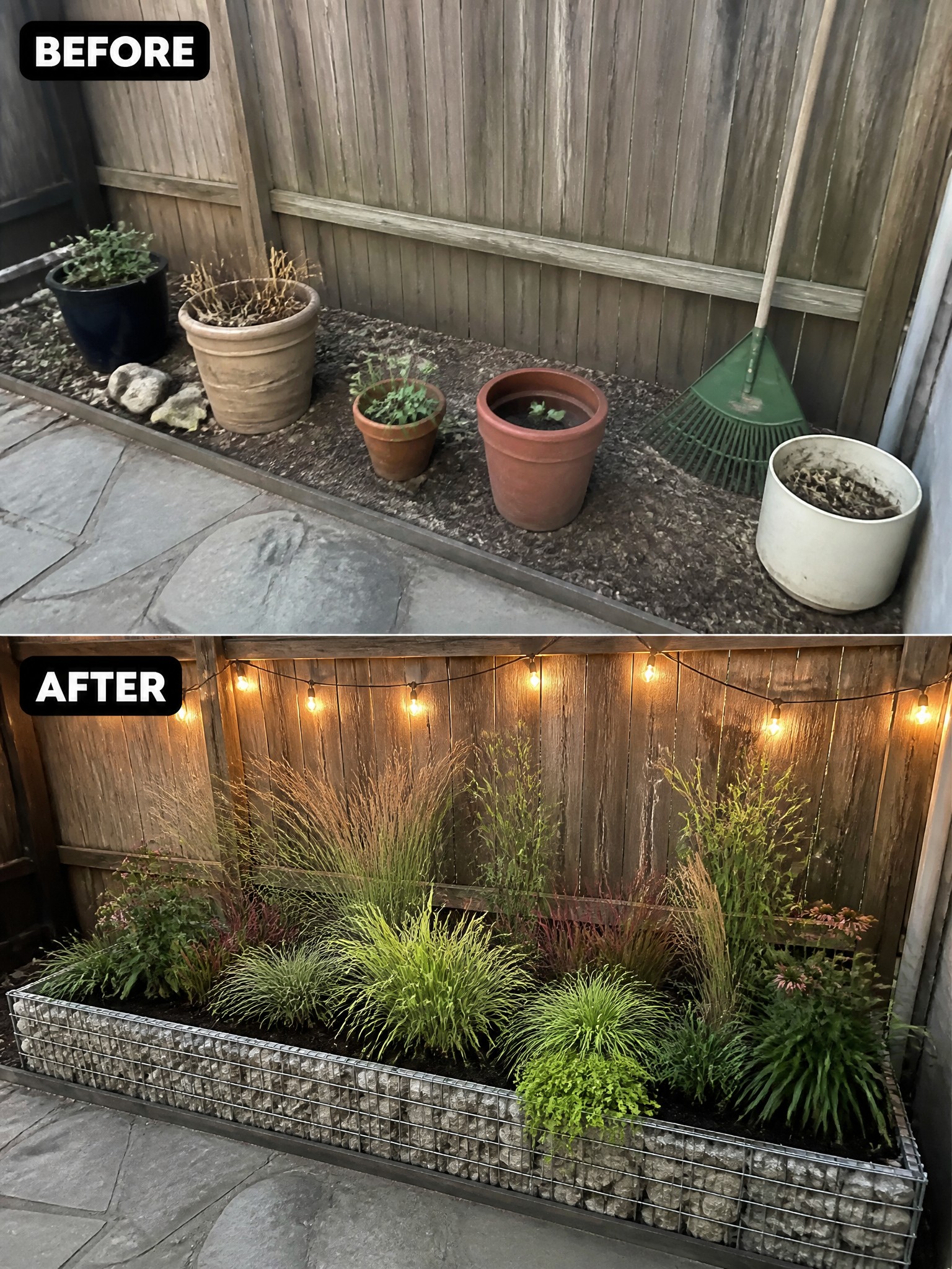 Before and after garden makeover with new plants, gabion bed and string lights