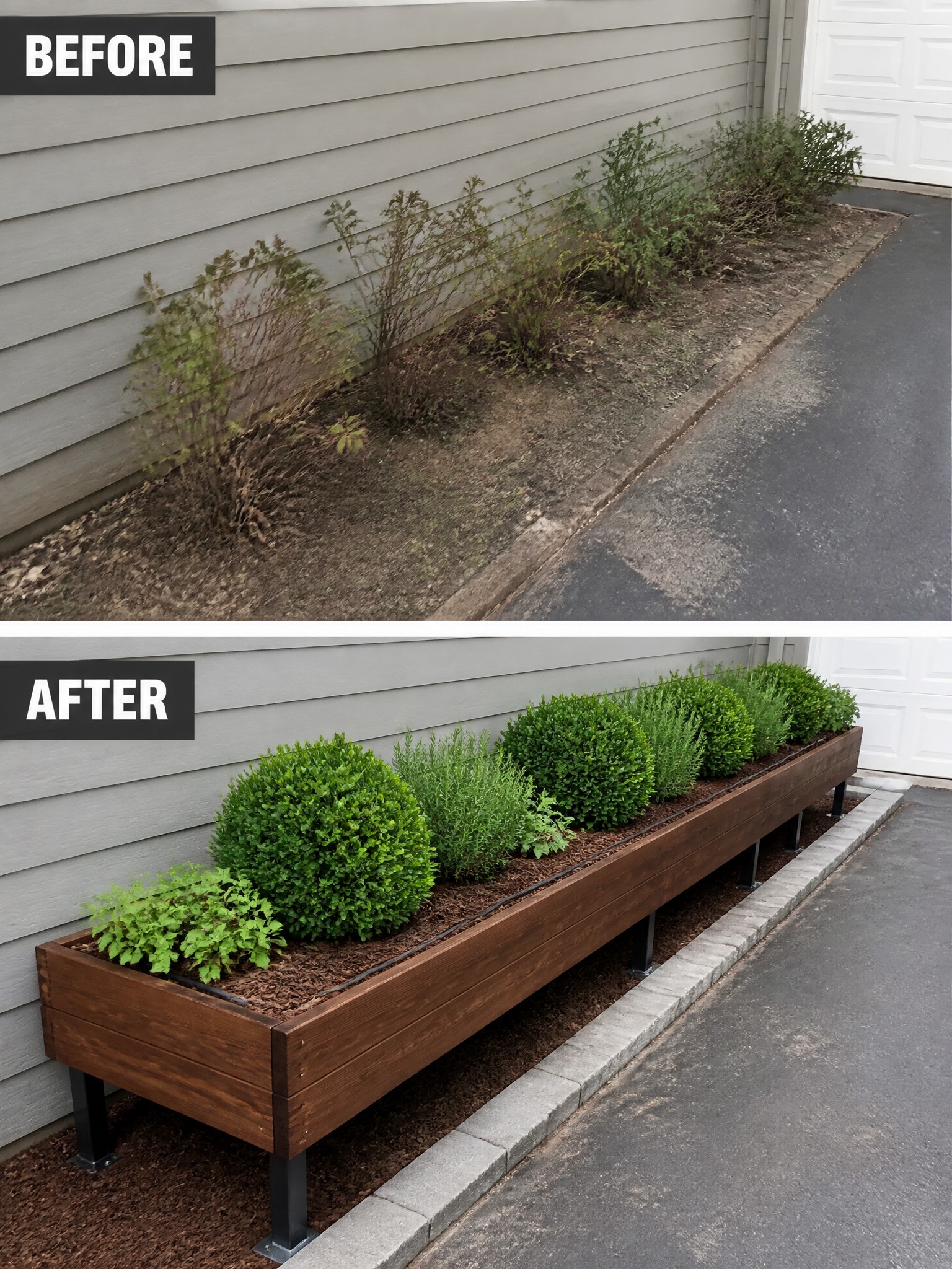 Before messy shrubs and after neat wooden planter box with green plants along house.