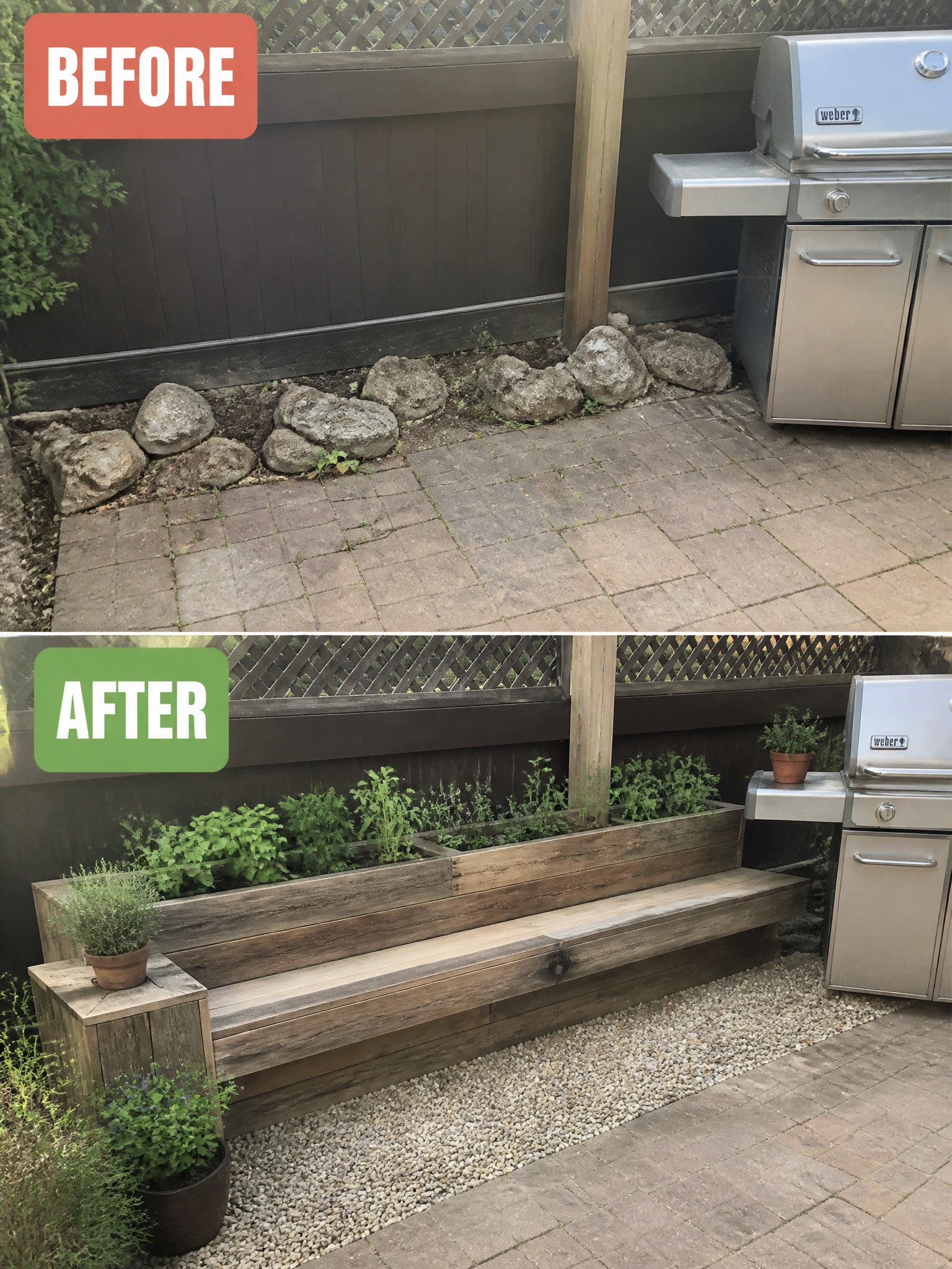 Before and after patio makeover with wooden planter bench, plants, and grill.